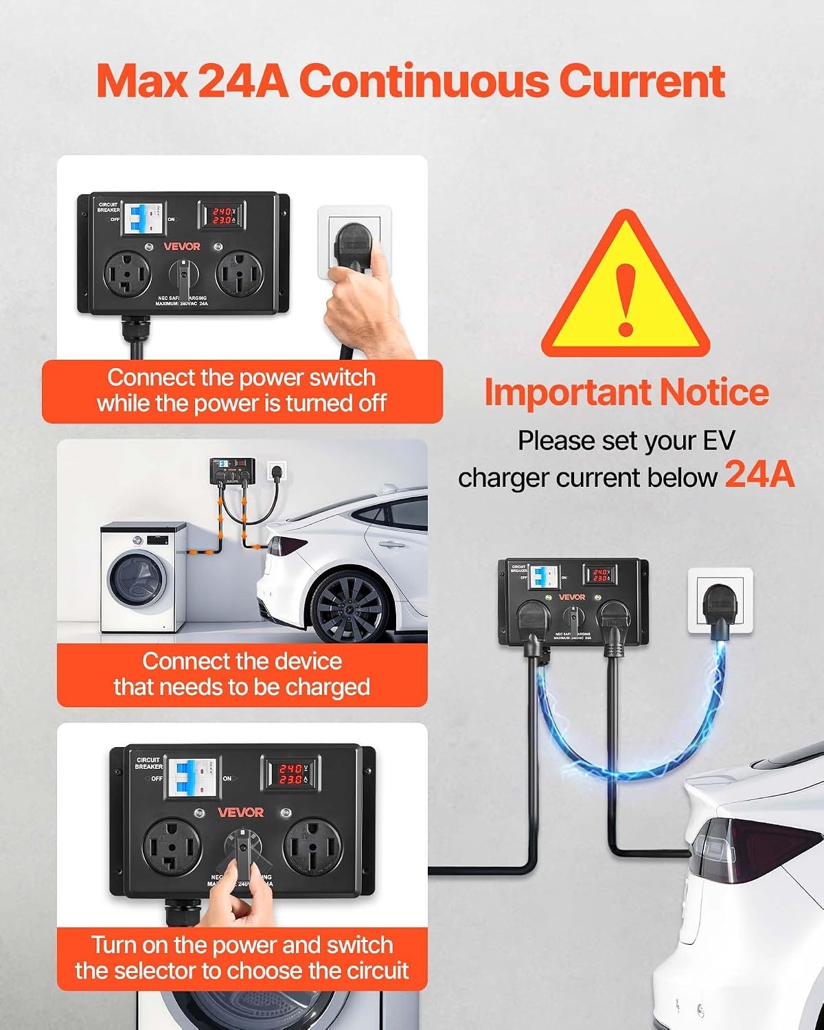 image:imageVEVOR Manual EV Charging Switch NEMA 1430P to 1430R amp 1450R Splitter Switch for Dryer amp EV 24A Max 240V Manual Power Distribution with Circuit Breaker HandOperated Selector Plug and Play ETL