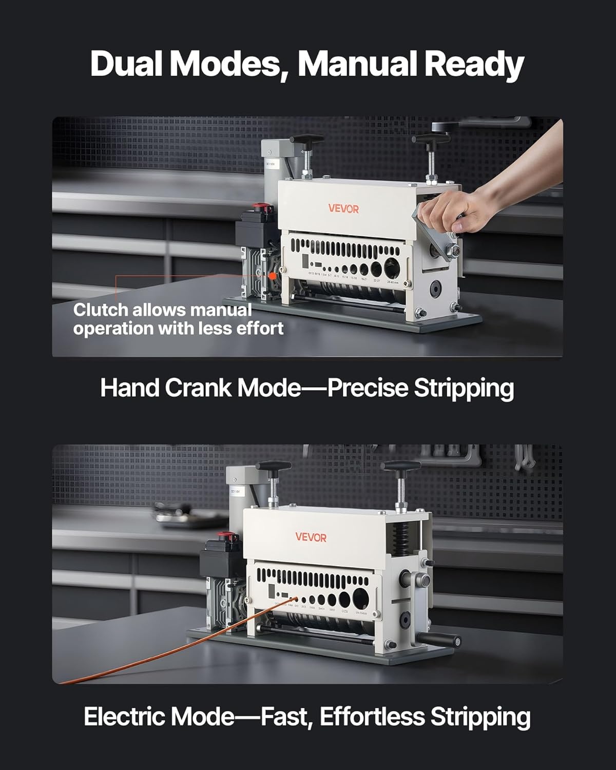 image:imageVEVOR Manual Wire Stripper Machine 006118 in Copper Cable Stripper Tool Hand Crank or Drill Powered Modes HeavyDuty Q235 Frame Wire Stripping Machine Easy to Use for Scrap Copper Recycling2028 x 669 x 1252 in