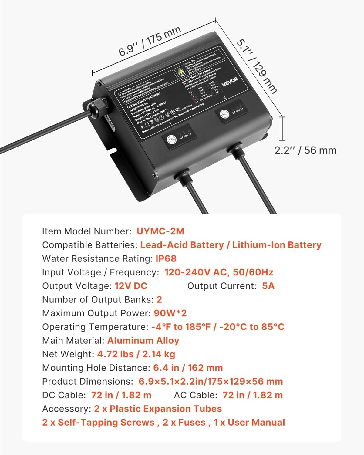 image:imageVEVOR Marine Battery Charger 3Bank 5A 3 12V Onboard Boat Charger IP68 Waterproof Smart OnBoard Battery Charger for LithiumIon LiFePO4 NCM LeadAcid Batteries Large Boat Yacht RV Trailer5ABank