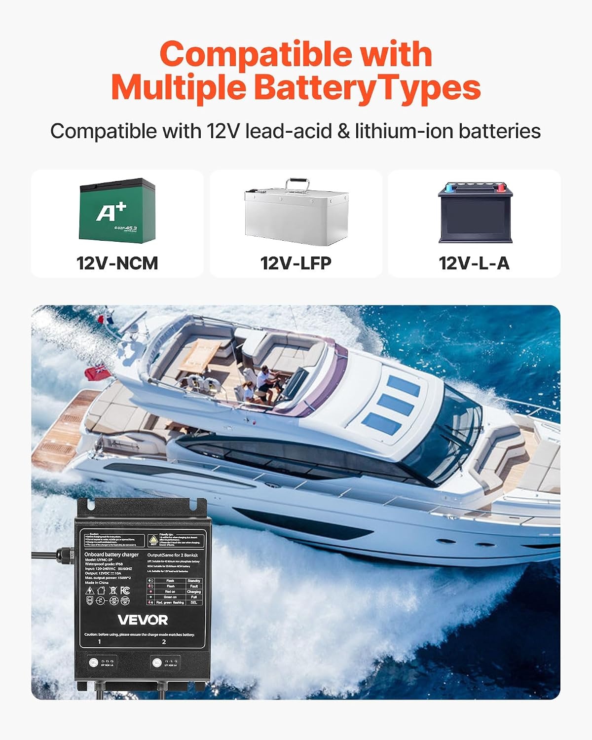 image:imageVEVOR Marine Battery Charger 3Bank 5A 3 12V Onboard Boat Charger IP68 Waterproof Smart OnBoard Battery Charger for LithiumIon LiFePO4 NCM LeadAcid Batteries Large Boat Yacht RV Trailer10ABank