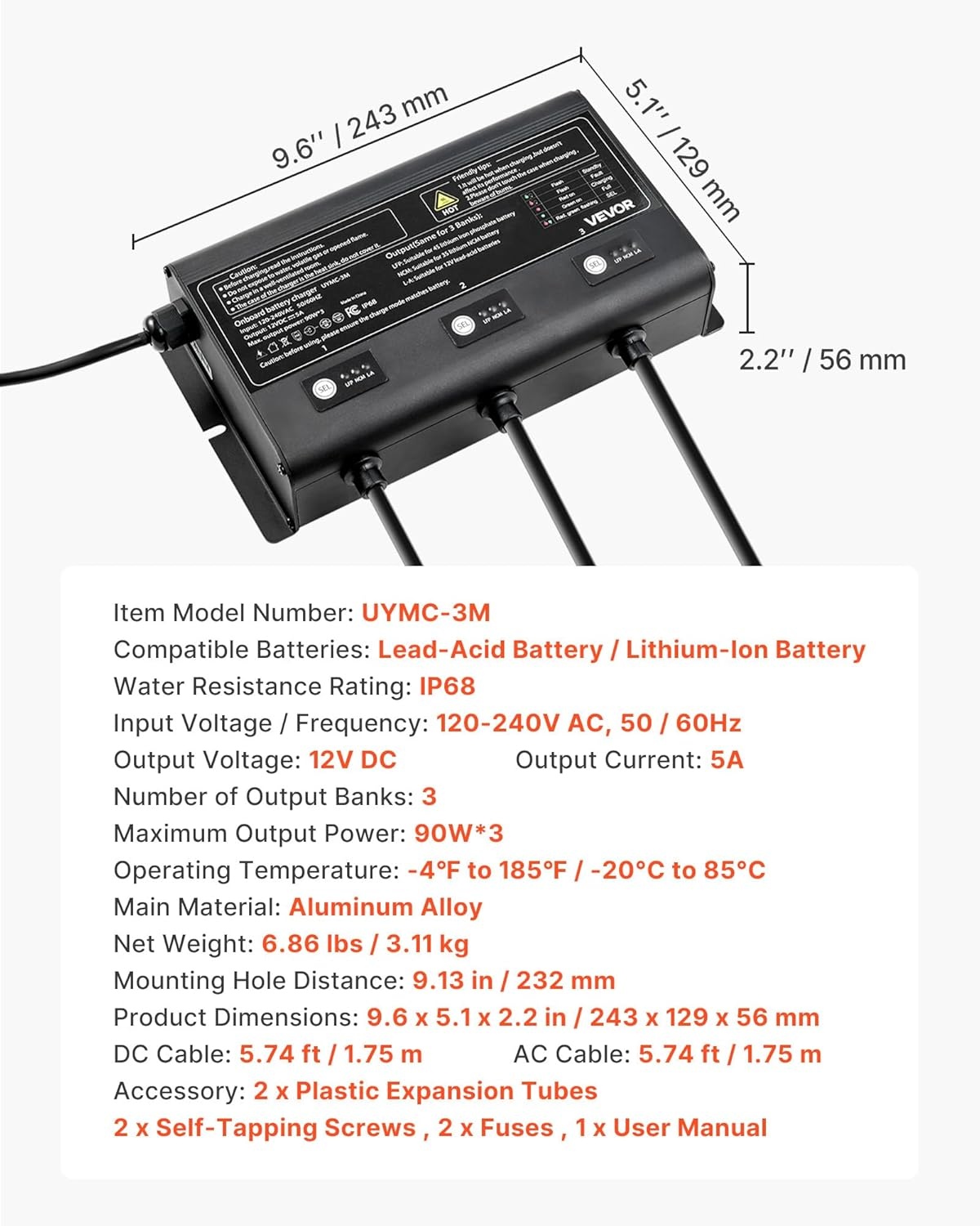 image:imageVEVOR Marine Battery Charger 3Bank 5A 3 12V Onboard Boat Charger IP68 Waterproof Smart OnBoard Battery Charger for LithiumIon LiFePO4 NCM LeadAcid Batteries Large Boat Yacht RV Trailer5ABank