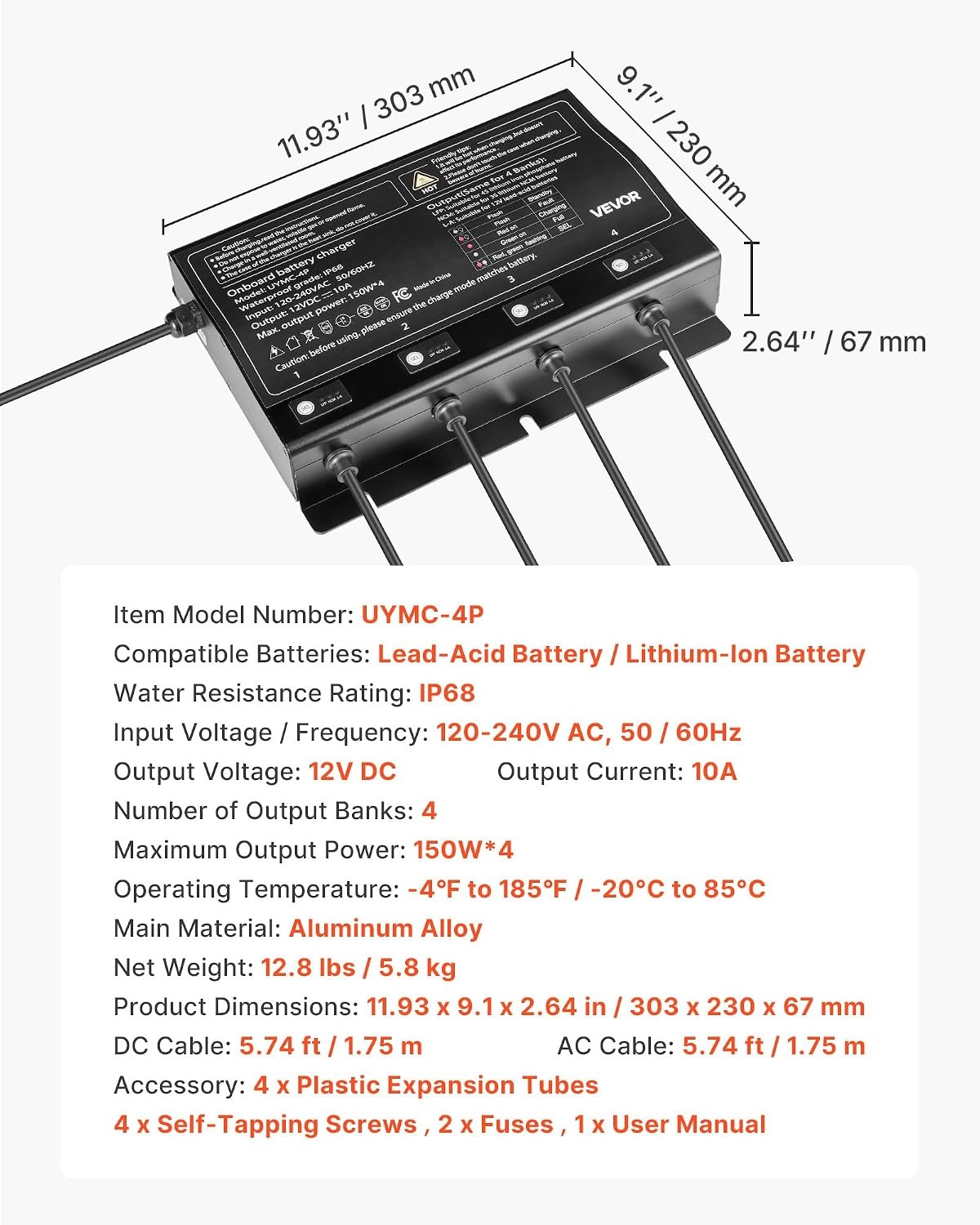 image:imageVEVOR Marine Battery Charger 3Bank 5A 3 12V Onboard Boat Charger IP68 Waterproof Smart OnBoard Battery Charger for LithiumIon LiFePO4 NCM LeadAcid Batteries Large Boat Yacht RV Trailer10ABank