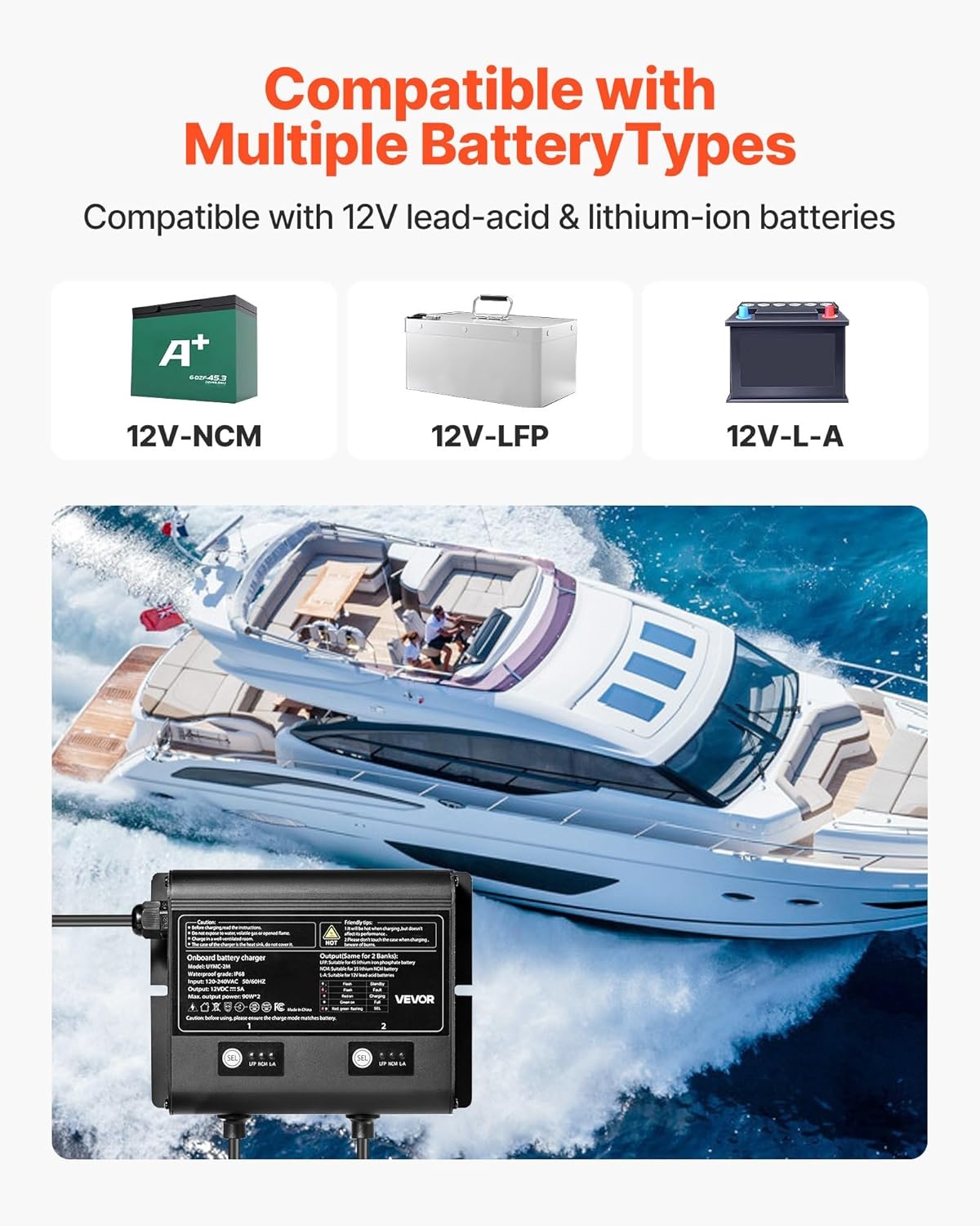 image:imageVEVOR Marine Battery Charger 3Bank 5A 3 12V Onboard Boat Charger IP68 Waterproof Smart OnBoard Battery Charger for LithiumIon LiFePO4 NCM LeadAcid Batteries Large Boat Yacht RV Trailer5ABank
