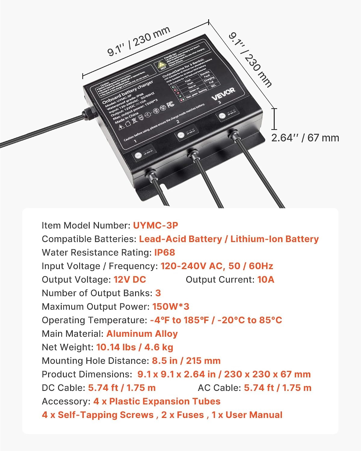 image:imageVEVOR Marine Battery Charger 3Bank 5A 3 12V Onboard Boat Charger IP68 Waterproof Smart OnBoard Battery Charger for LithiumIon LiFePO4 NCM LeadAcid Batteries Large Boat Yacht RV Trailer10ABank