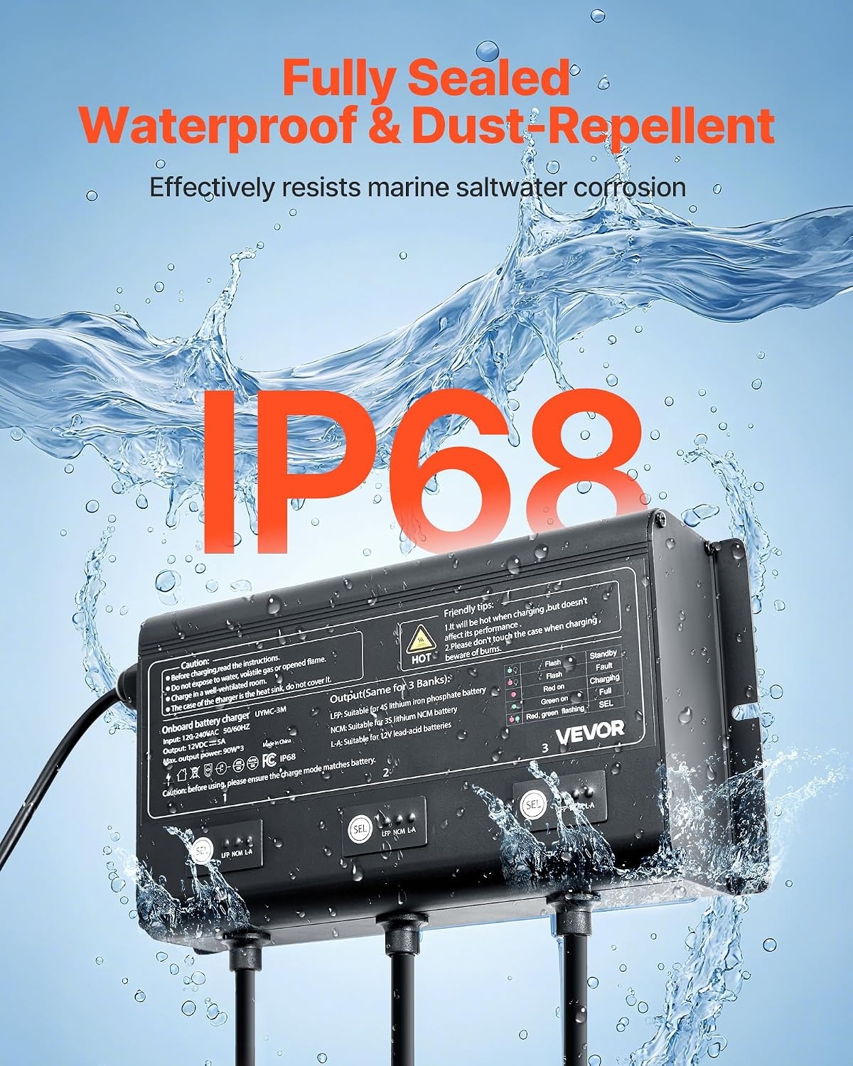 image:imageVEVOR Marine Battery Charger 3Bank 5A 3 12V Onboard Boat Charger IP68 Waterproof Smart OnBoard Battery Charger for LithiumIon LiFePO4 NCM LeadAcid Batteries Large Boat Yacht RV Trailer5ABank