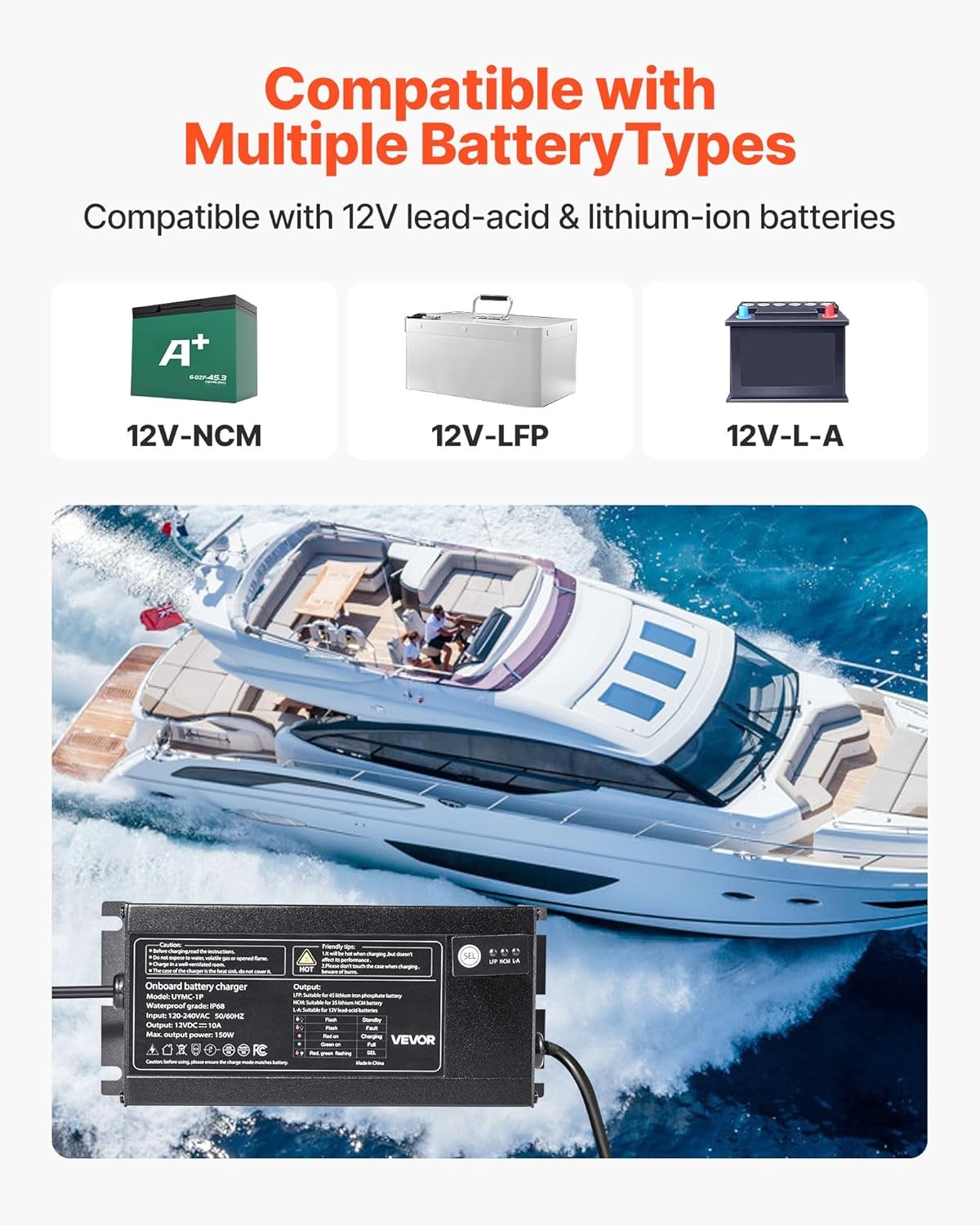 image:imageVEVOR Marine Battery Charger 3Bank 5A 3 12V Onboard Boat Charger IP68 Waterproof Smart OnBoard Battery Charger for LithiumIon LiFePO4 NCM LeadAcid Batteries Large Boat Yacht RV Trailer10ABank