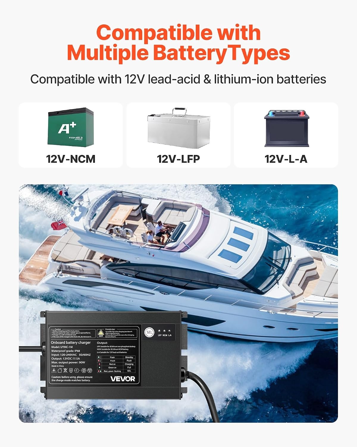 image:imageVEVOR Marine Battery Charger 3Bank 5A 3 12V Onboard Boat Charger IP68 Waterproof Smart OnBoard Battery Charger for LithiumIon LiFePO4 NCM LeadAcid Batteries Large Boat Yacht RV Trailer5ABank