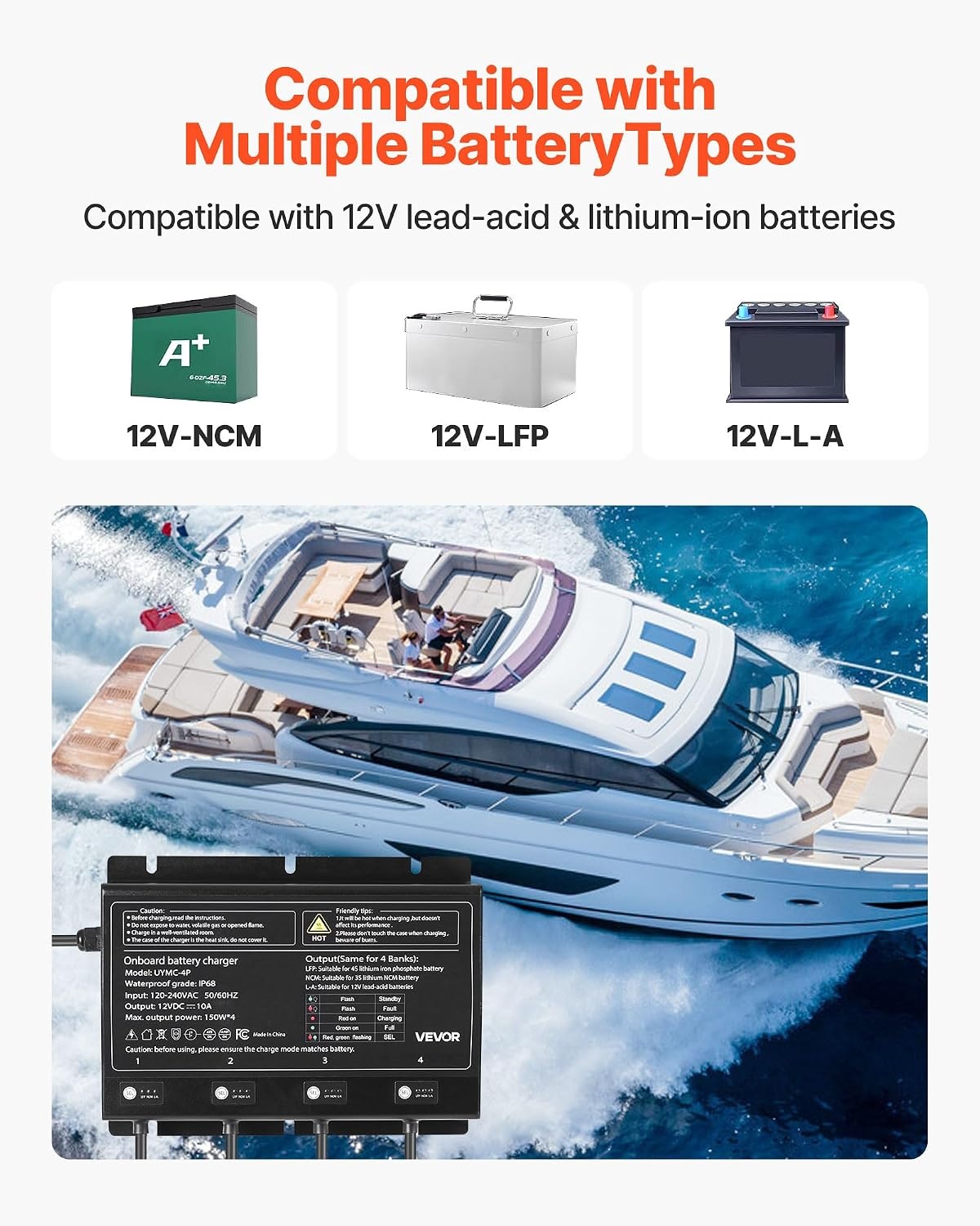 image:imageVEVOR Marine Battery Charger 3Bank 5A 3 12V Onboard Boat Charger IP68 Waterproof Smart OnBoard Battery Charger for LithiumIon LiFePO4 NCM LeadAcid Batteries Large Boat Yacht RV Trailer10ABank