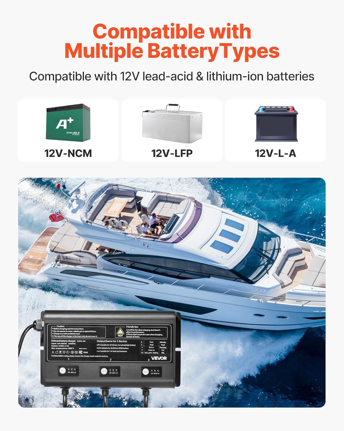 image:imageVEVOR Marine Battery Charger 3Bank 5A 3 12V Onboard Boat Charger IP68 Waterproof Smart OnBoard Battery Charger for LithiumIon LiFePO4 NCM LeadAcid Batteries Large Boat Yacht RV Trailer5ABank