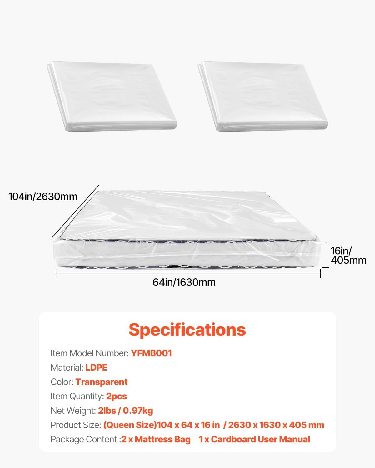 image:imageVEVOR Mattress Bag for Moving Storage 2 Pack Queen 2 Mil Plastic Mattress Bag WearResistant amp Waterproof Plastic Bed Cover with Reinforced Corner Design HeavyDuty Mattress Moving Supplies