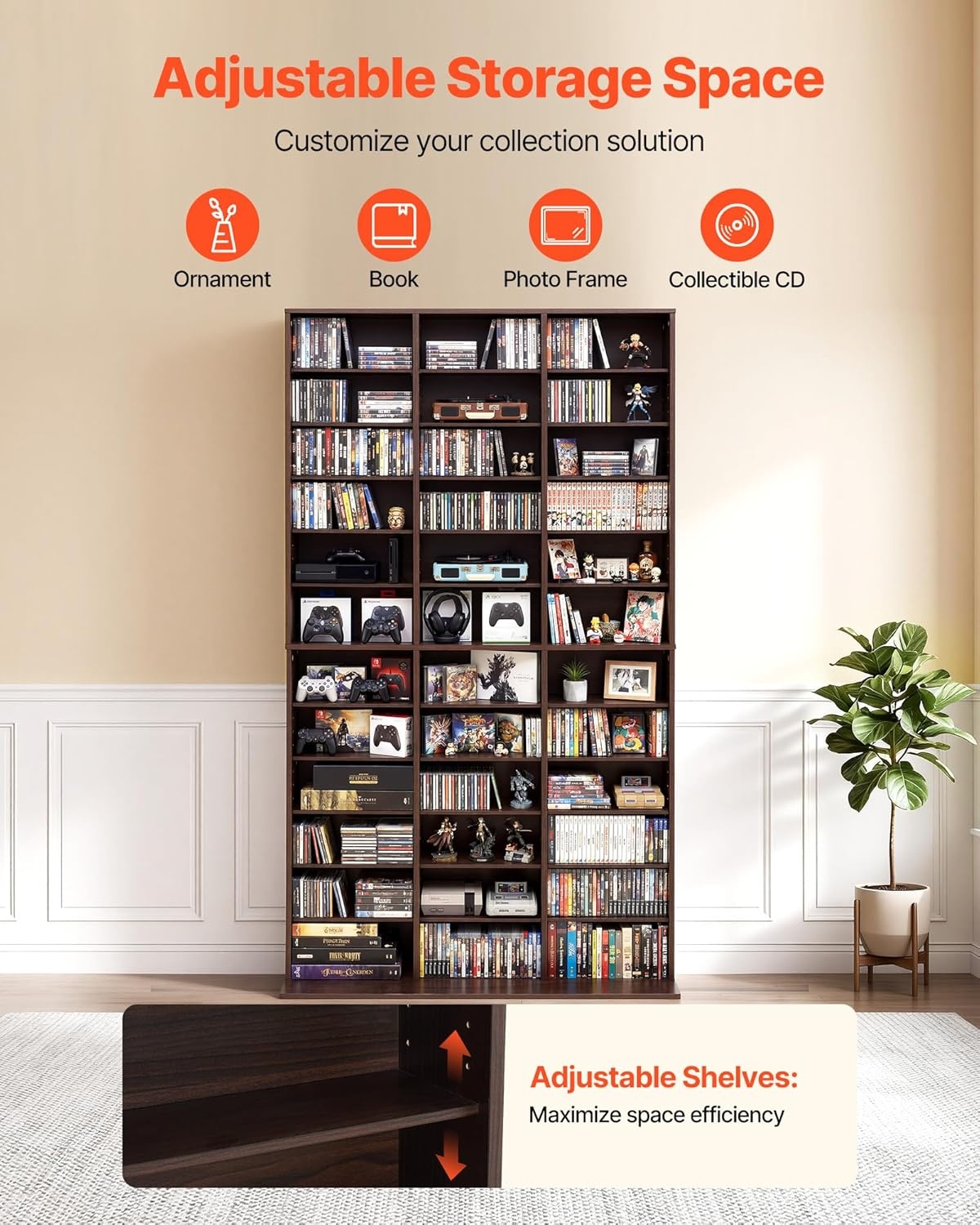 image:imageVEVOR Media Storage Cabinet CD Rack Tower 34 Compartments Rotating Media Tower Rack for CDs DVDs Books and Game Discs DVD Stand for Living Room Home Office and Recording Room Black36 Compartmentsbrown