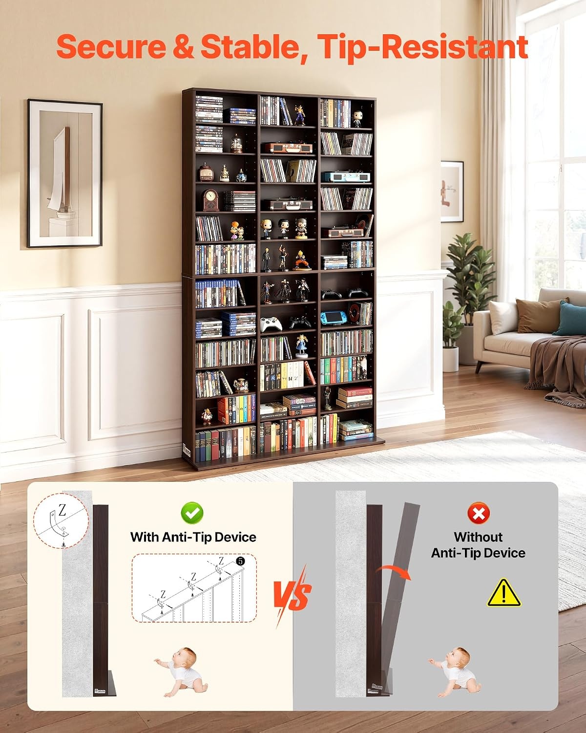 image:imageVEVOR Media Storage Cabinet CD Rack Tower 34 Compartments Rotating Media Tower Rack for CDs DVDs Books and Game Discs DVD Stand for Living Room Home Office and Recording Room Black36 Compartmentsbrown