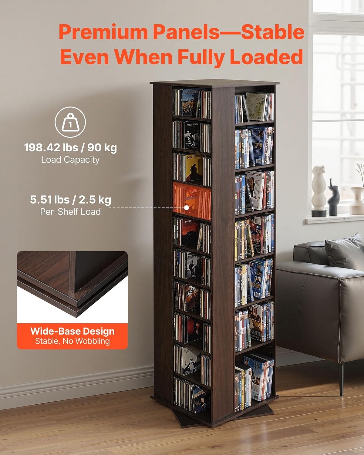 image:imageVEVOR Media Storage Cabinet CD Rack Tower 34 Compartments Rotating Media Tower Rack for CDs DVDs Books and Game Discs DVD Stand for Living Room Home Office and Recording Room Black34 Compartmentsbrown