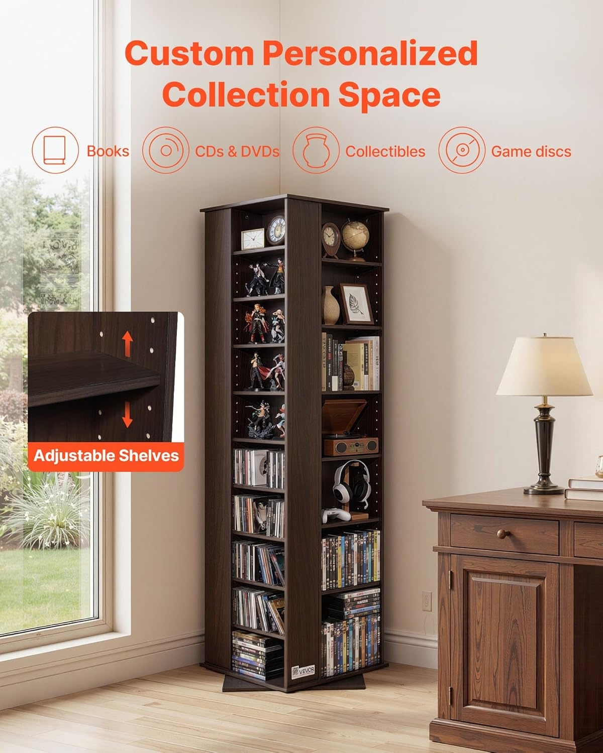 image:imageVEVOR Media Storage Cabinet CD Rack Tower 34 Compartments Rotating Media Tower Rack for CDs DVDs Books and Game Discs DVD Stand for Living Room Home Office and Recording Room Black34 Compartmentsbrown