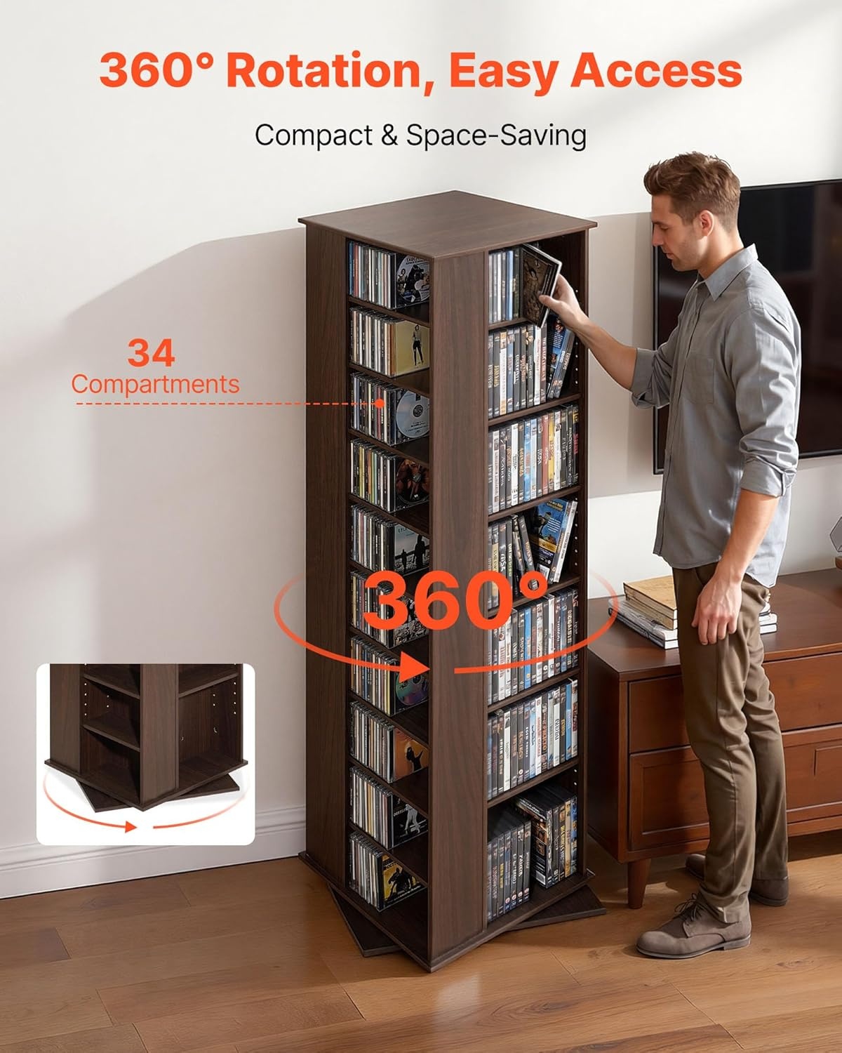 image:imageVEVOR Media Storage Cabinet CD Rack Tower 34 Compartments Rotating Media Tower Rack for CDs DVDs Books and Game Discs DVD Stand for Living Room Home Office and Recording Room Black34 Compartmentsbrown