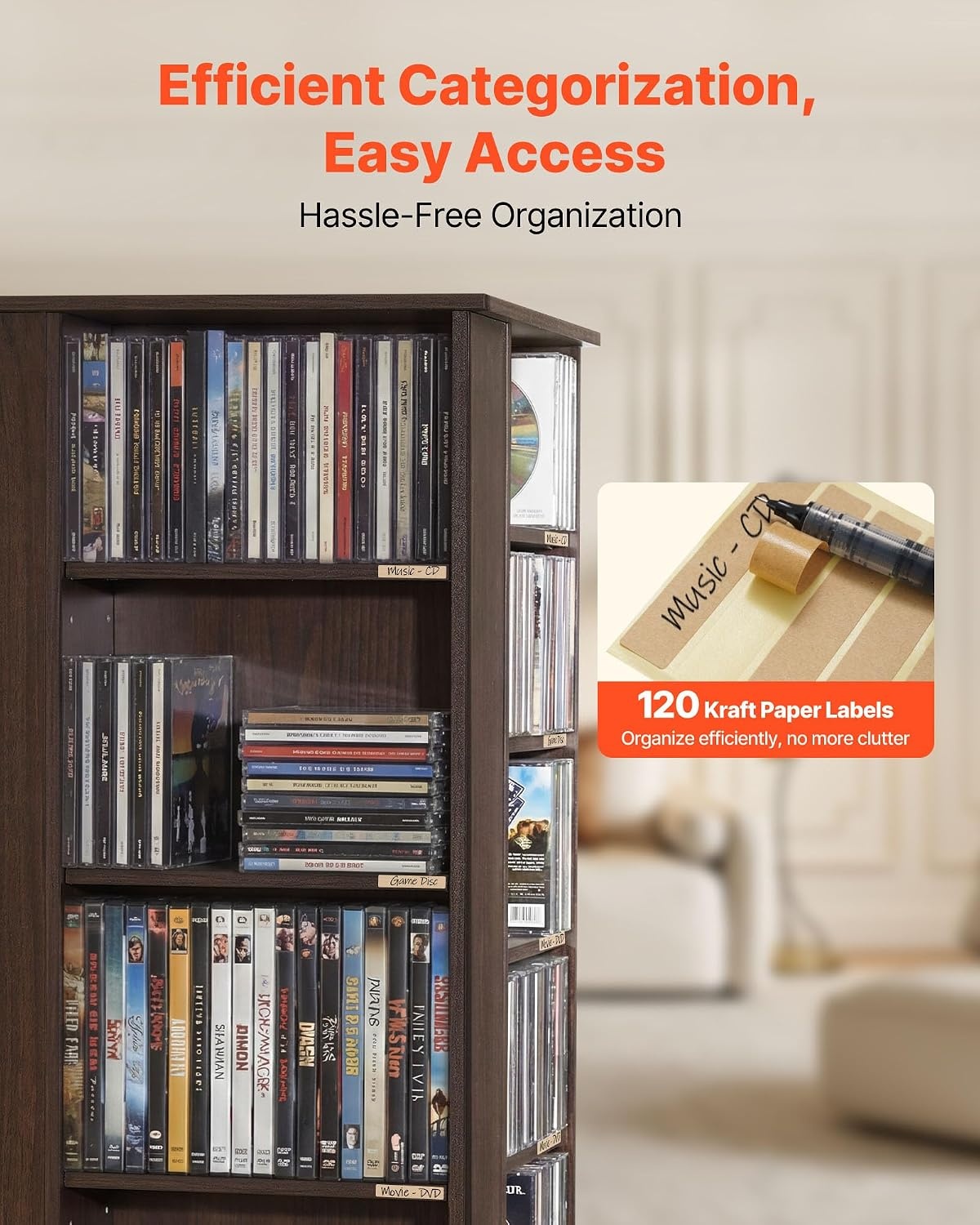 image:imageVEVOR Media Storage Cabinet CD Rack Tower 34 Compartments Rotating Media Tower Rack for CDs DVDs Books and Game Discs DVD Stand for Living Room Home Office and Recording Room Black34 Compartmentsbrown