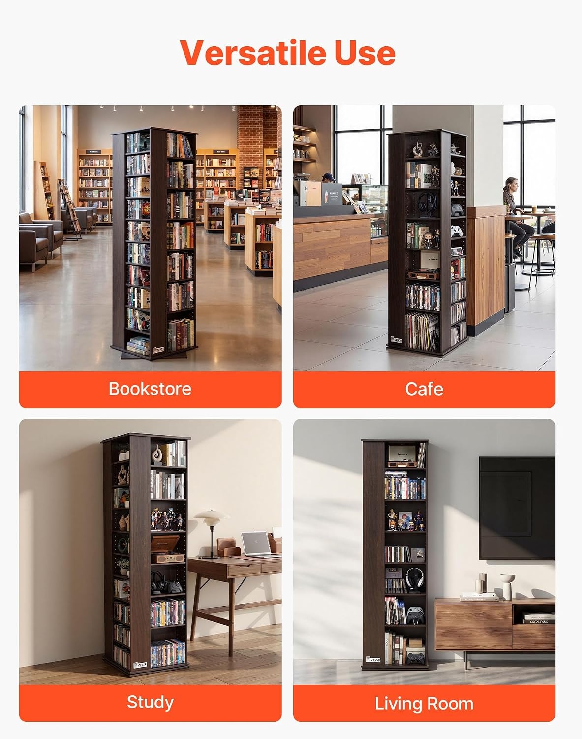 image:imageVEVOR Media Storage Cabinet CD Rack Tower 34 Compartments Rotating Media Tower Rack for CDs DVDs Books and Game Discs DVD Stand for Living Room Home Office and Recording Room Black34 Compartmentsbrown