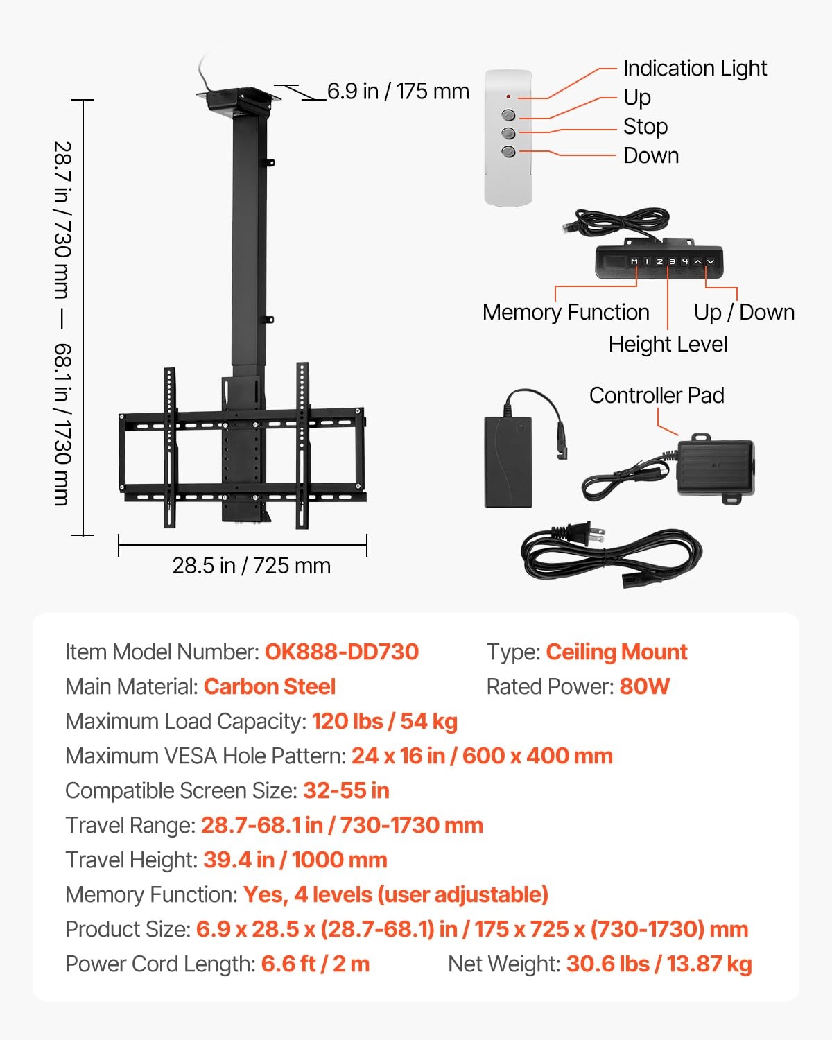image:imageVEVOR Motorized Ceiling TV Mount TV Wall Mount for 32 to 55 Inch TV Electric Adjustable Ceiling TV Mount Motorized Flip Down TV Mount Bracket with Max VESA 24 x 16 in Fits TVs Up to 120 lbs