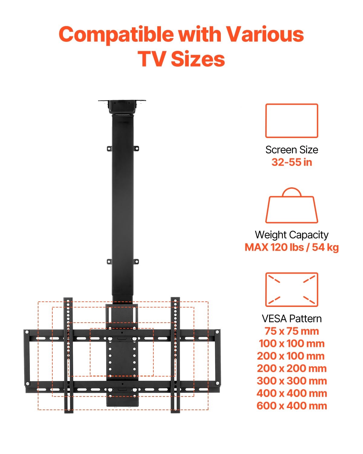 image:imageVEVOR Motorized Ceiling TV Mount TV Wall Mount for 32 to 55 Inch TV Electric Adjustable Ceiling TV Mount Motorized Flip Down TV Mount Bracket with Max VESA 24 x 16 in Fits TVs Up to 120 lbs