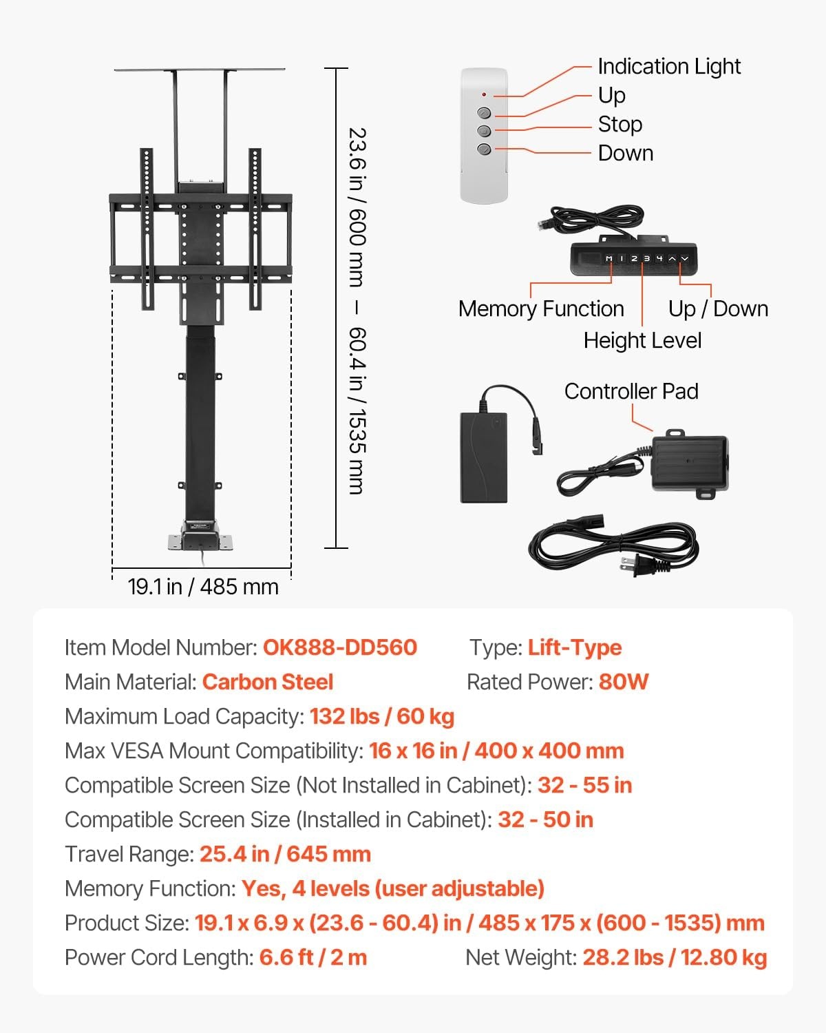 image:imageVEVOR Motorized TV Lift Stand 3270 Inch 120 lbs Max Load Floor Mount Supports Most VESA Patterns Ideal for Offices Living Rooms amp More32 55