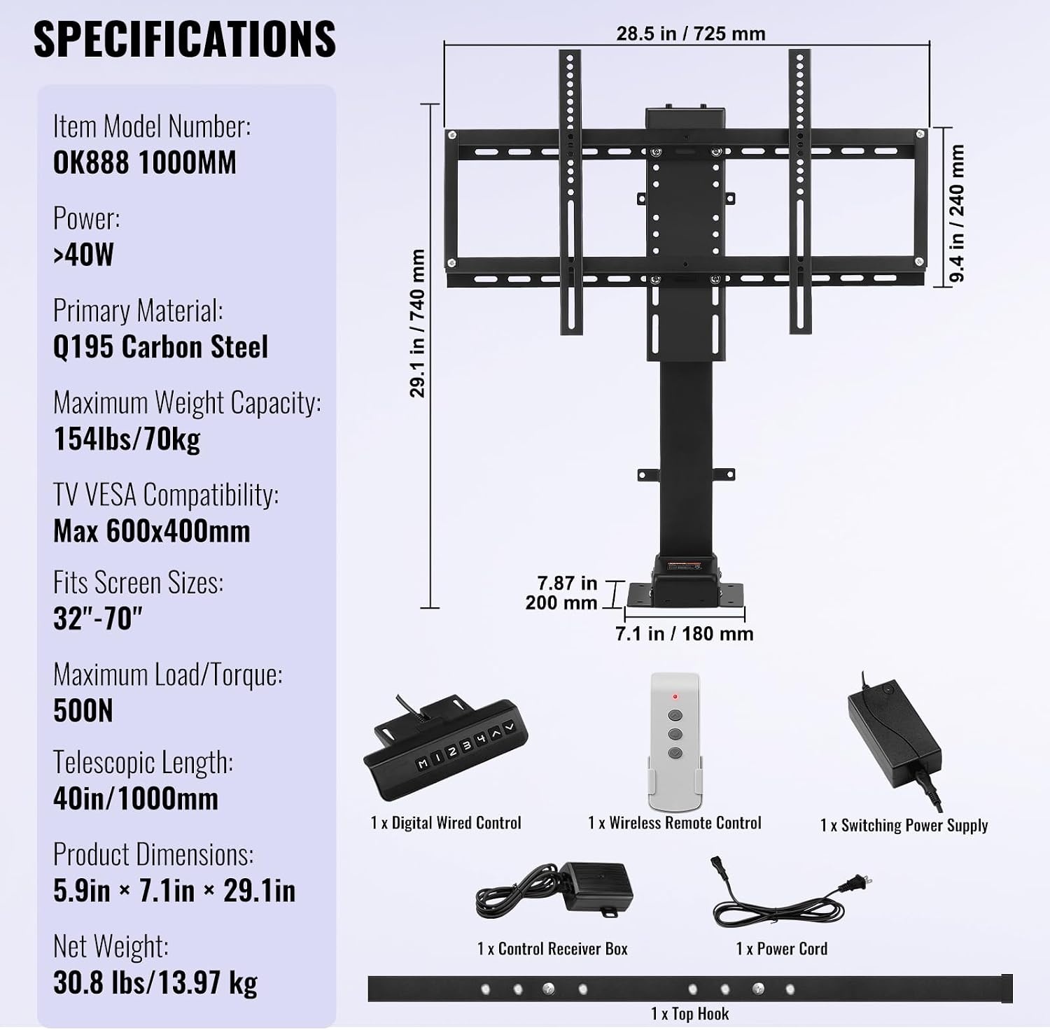 image:imageVEVOR Motorized TV Lift Stroke Length 28 Inches Motorized TV Mount Fit for Max50 Inch TV Lift with Remote Control Height Adjustable 3865 InchLoad Capacity 132 Lbs3270900mm
