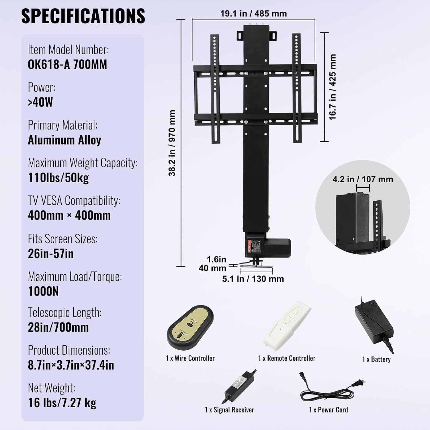image:imageVEVOR Motorized TV Lift Stroke Length 28 Inches Motorized TV Mount Fit for Max50 Inch TV Lift with Remote Control Height Adjustable 3865 InchLoad Capacity 132 Lbs2657500mm
