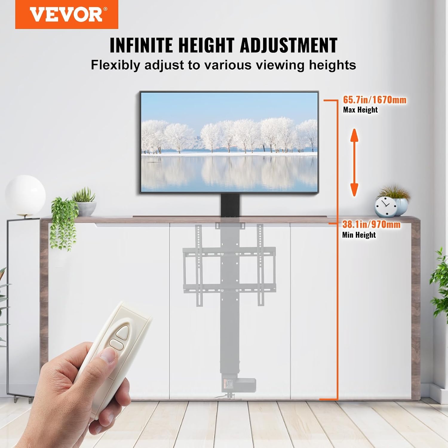 image:imageVEVOR Motorized TV Lift Stroke Length 28 Inches Motorized TV Mount Fit for Max50 Inch TV Lift with Remote Control Height Adjustable 3865 InchLoad Capacity 132 Lbs2657500mm