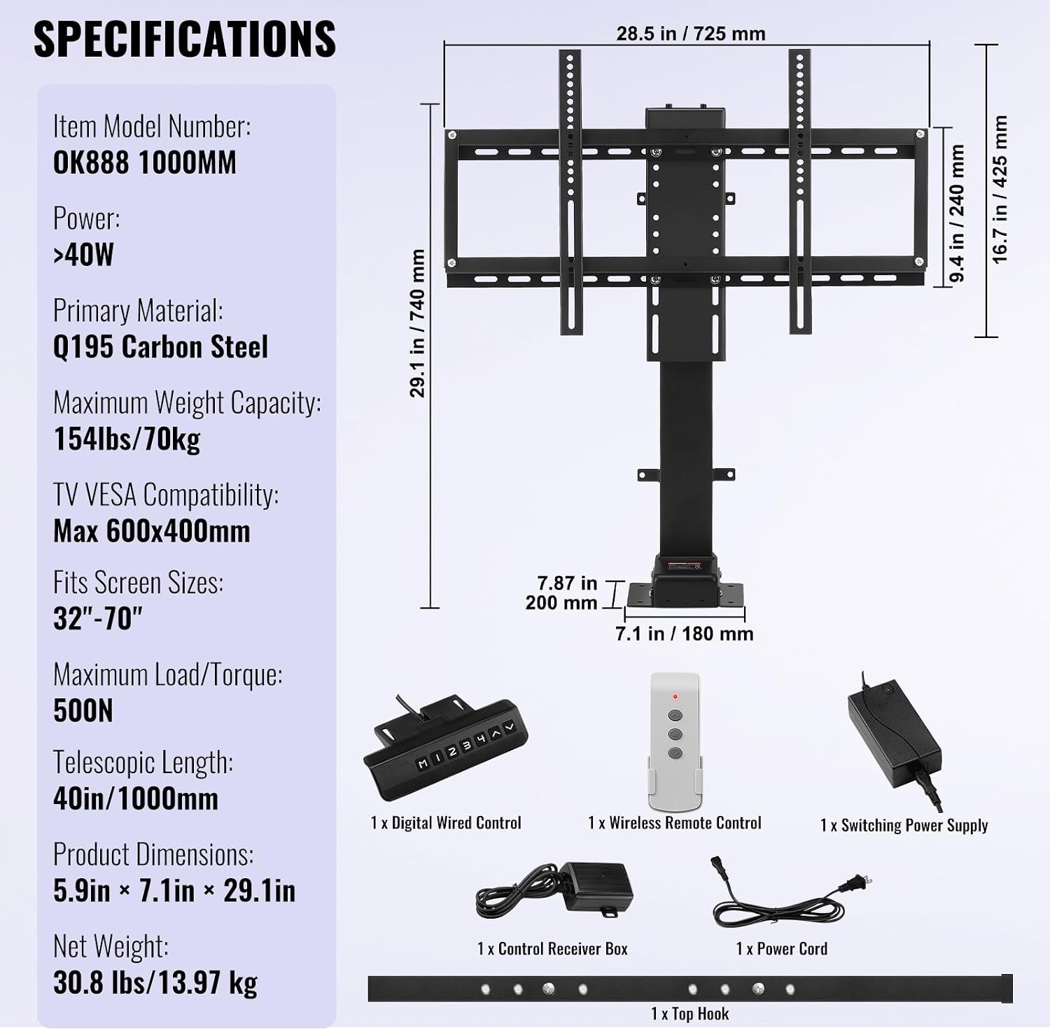 image:imageVEVOR Motorized TV Lift Stroke Length 28 Inches Motorized TV Mount Fit for Max50 Inch TV Lift with Remote Control Height Adjustable 3865 InchLoad Capacity 132 Lbs32701000mm
