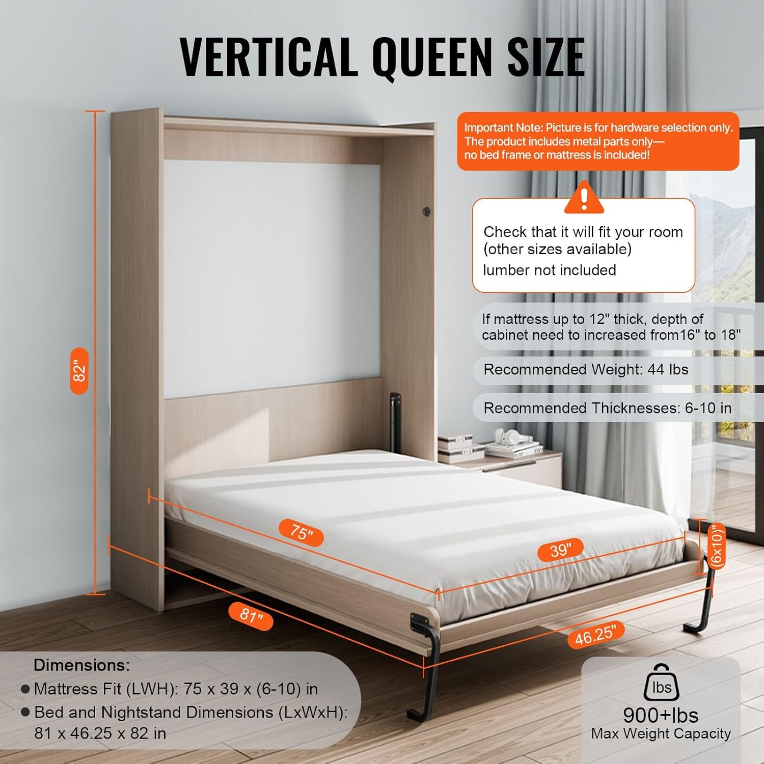 image:imageVEVOR Murphy Bed Kit Twin Size Vertical Deluxe DIY Wall Bed Mechanical Hardware Kit Pneumatic Lever Heavy Duty Bed Frame Support Folding Cabinet Wall Bed Space Saving Design for GuestroomTwin