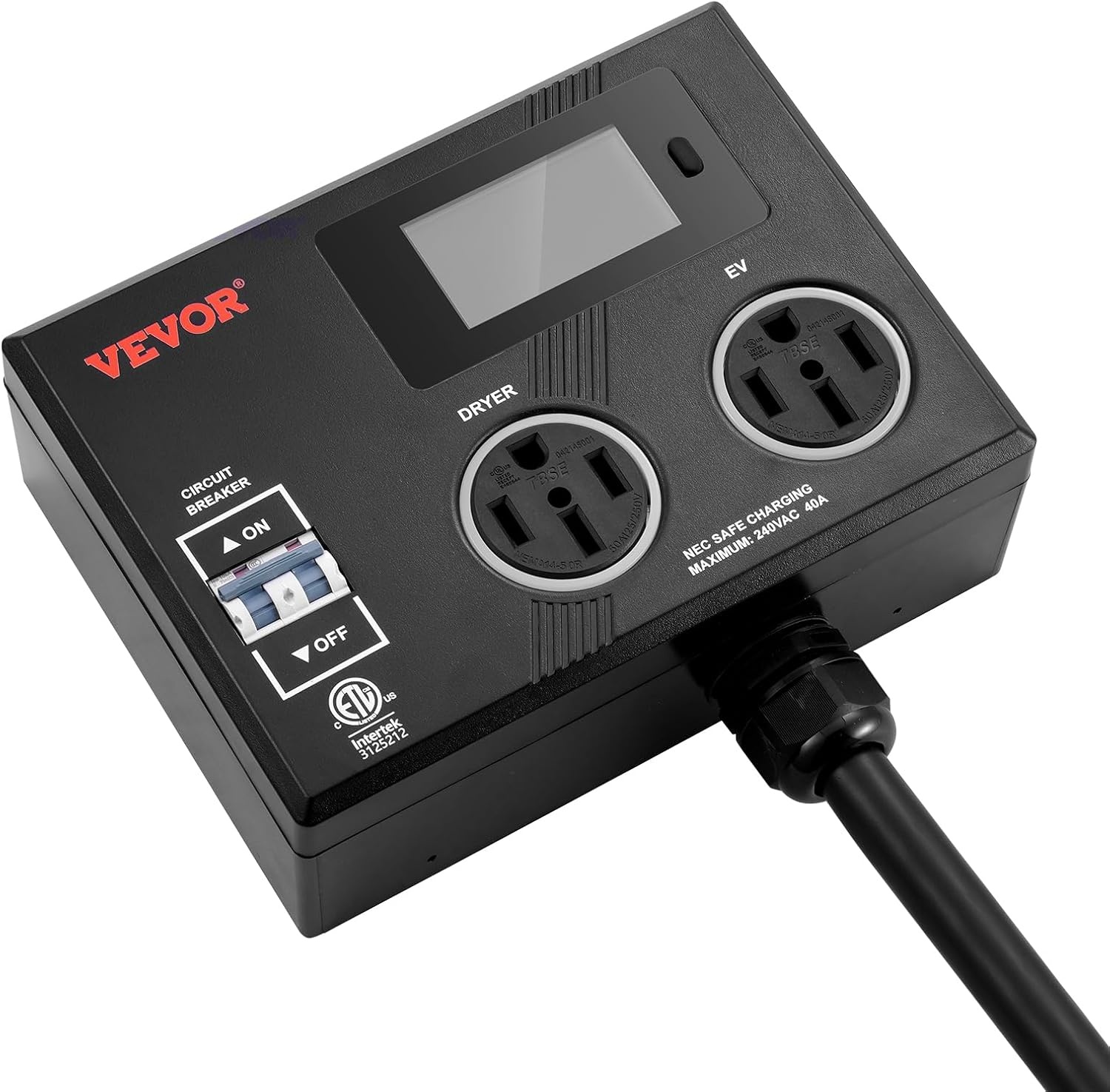 image:imageVEVOR NEMA Splitter for Dryer and EV 3Color LED Indicator 240V Smart Power Distribution with NEMA 1030 Plug Two NEMA 1030 Outlets 34 in LCD Screen Max 24A Dryer EV Tested to ETL StandardNEMA 1450P to 1450R2