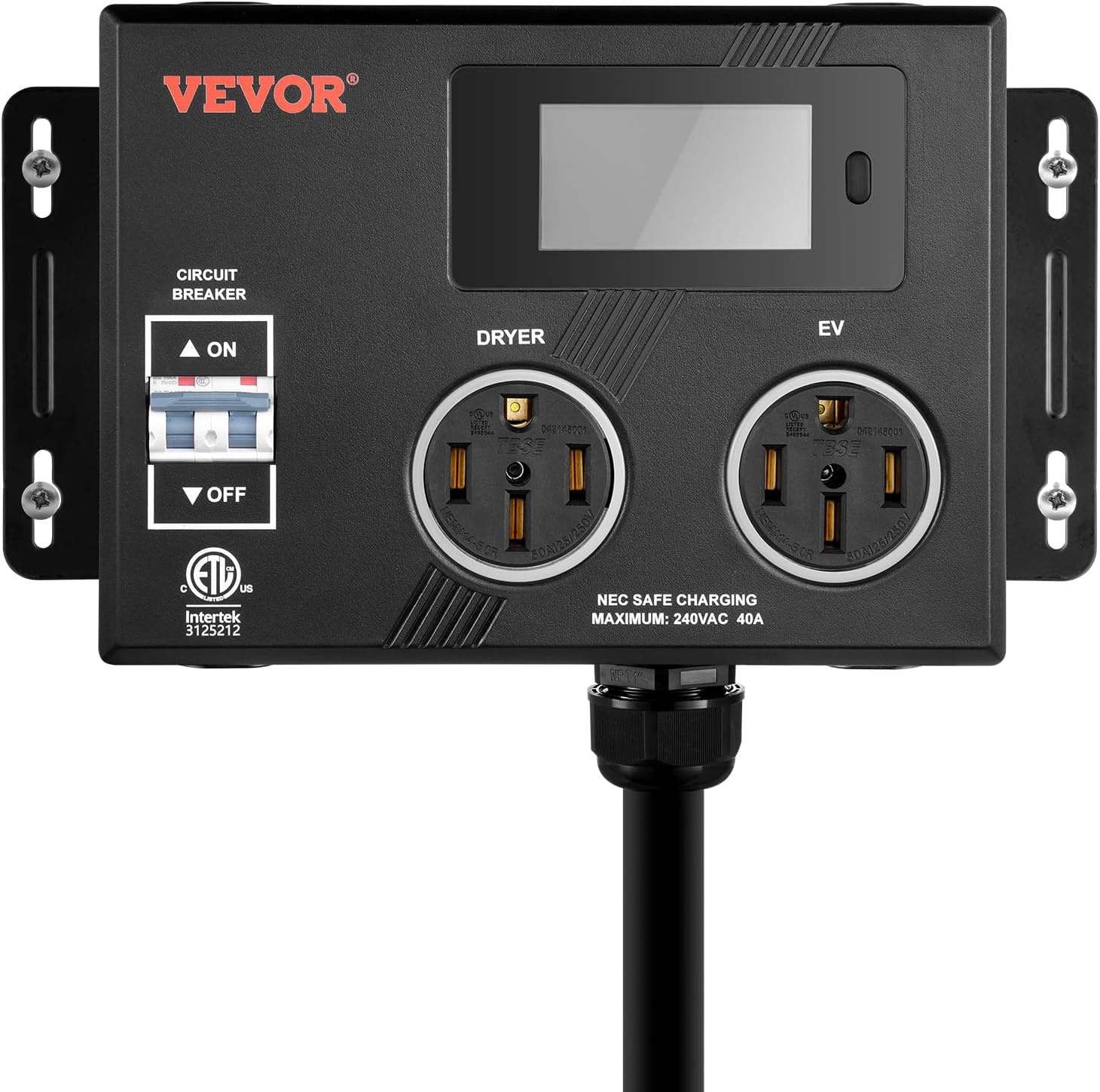 image:imageVEVOR NEMA Splitter for Dryer and EV 3Color LED Indicator 240V Smart Power Distribution with NEMA 1030 Plug Two NEMA 1030 Outlets 34 in LCD Screen Max 24A Dryer EV Tested to ETL StandardNEMA 1450P to 1450R2