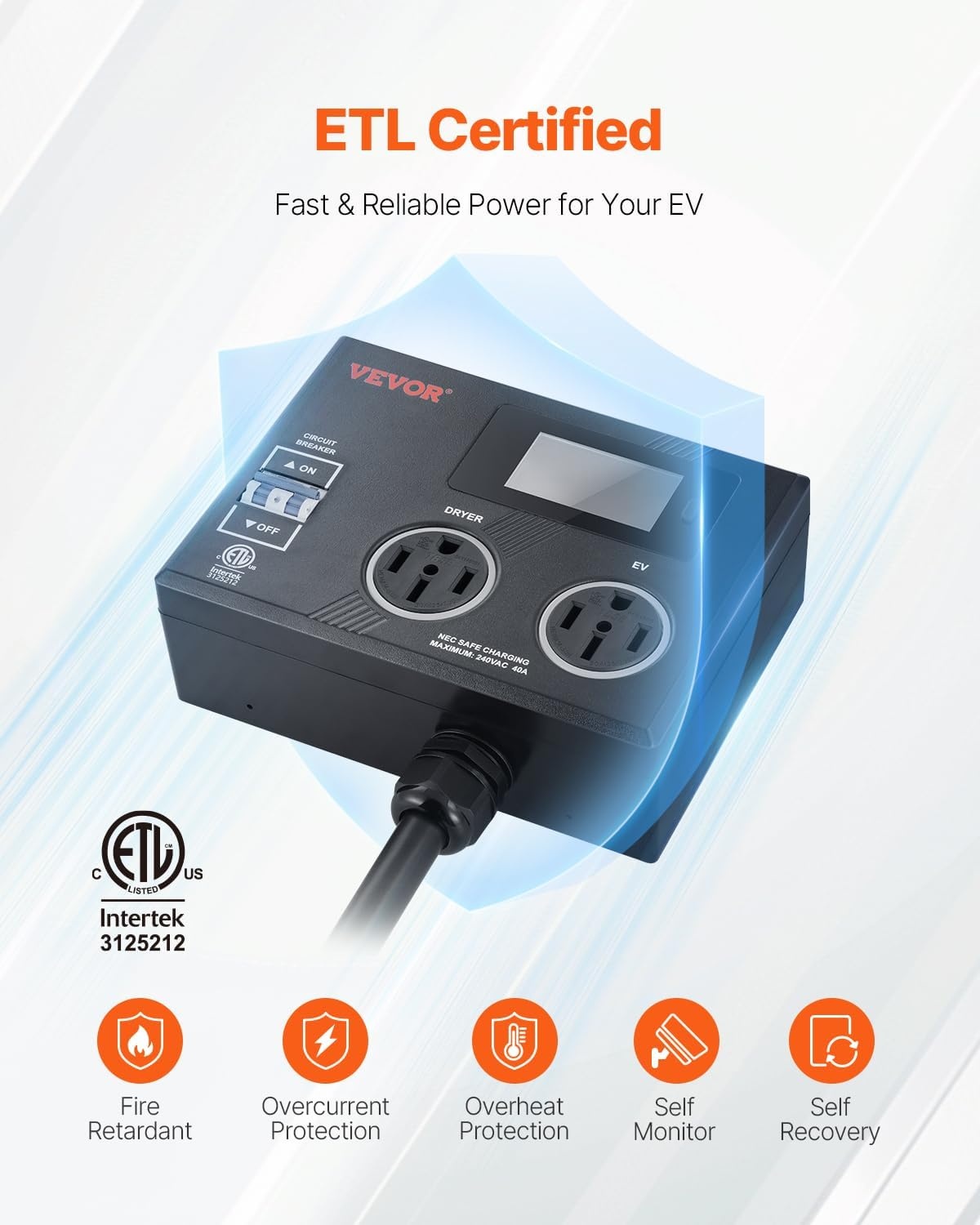 image:imageVEVOR NEMA Splitter for Dryer and EV 3Color LED Indicator 240V Smart Power Distribution with NEMA 1030 Plug Two NEMA 1030 Outlets 34 in LCD Screen Max 24A Dryer EV Tested to ETL StandardNEMA 1450P to 1450R2