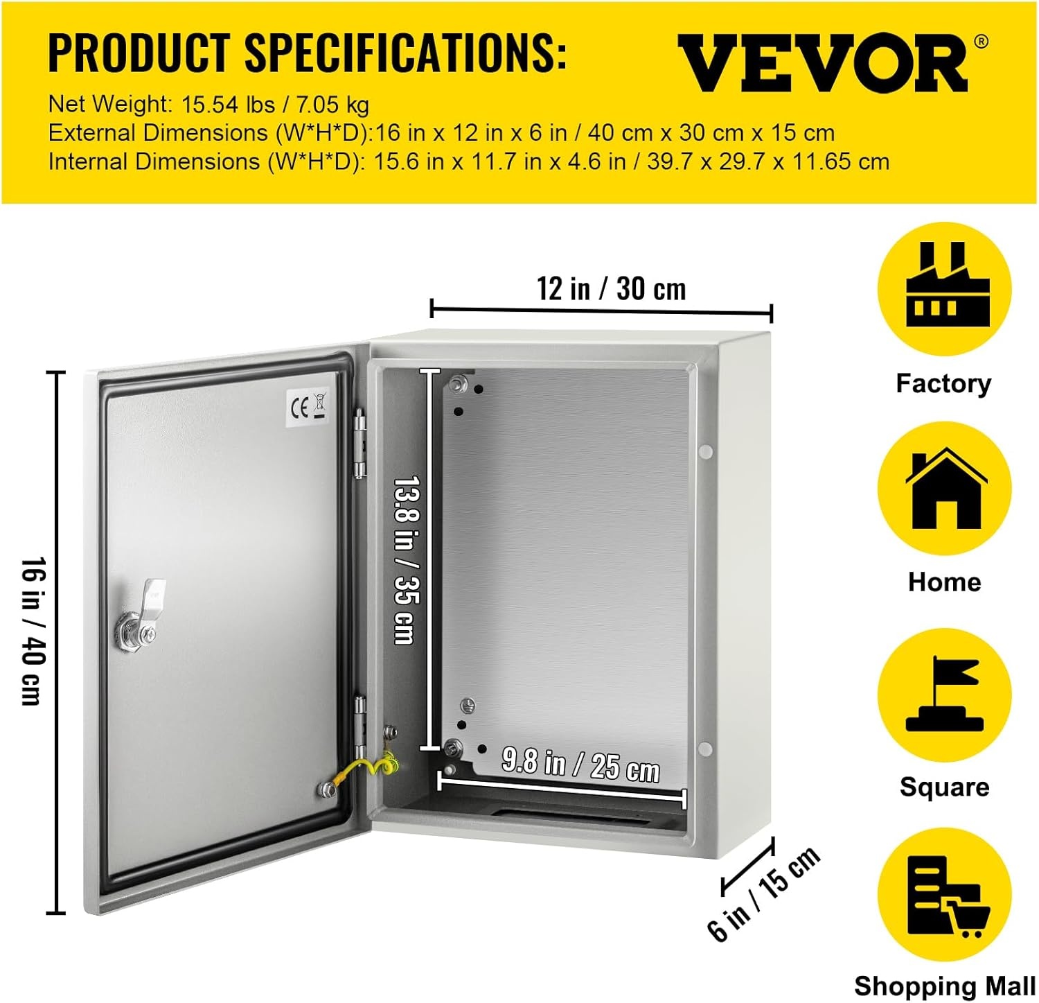image:imageVEVOR NEMA Steel Enclosure 20 x 12 x 10 NEMA 4X Steel Electrical Box IP66 Waterproof amp Dustproof OutdoorIndoor Electrical Junction Box with Mounting Plate16 x 12 x 6