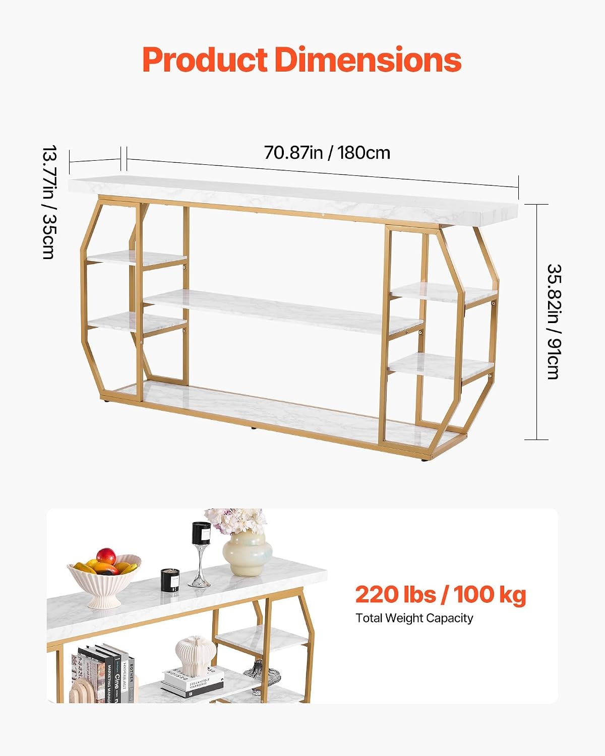 image:imageVEVOR Narrow Console Table 55 Inch Entryway Table 3Tier Long Hallway Table Sofa Table with Metal Frame Console Tables for Entryway Hallway Living Room amp Bedroom708 Inch
