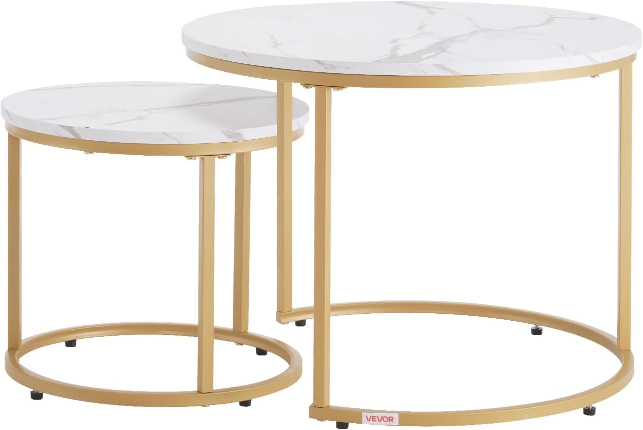 image:imageVEVOR Nesting Tables Coffee Table Set of 2 236 inch Round Coffee Table Small Coffee Tables Night Stand with Metal Frame for Living Room Bedroom Office Brown amp BlackWhite