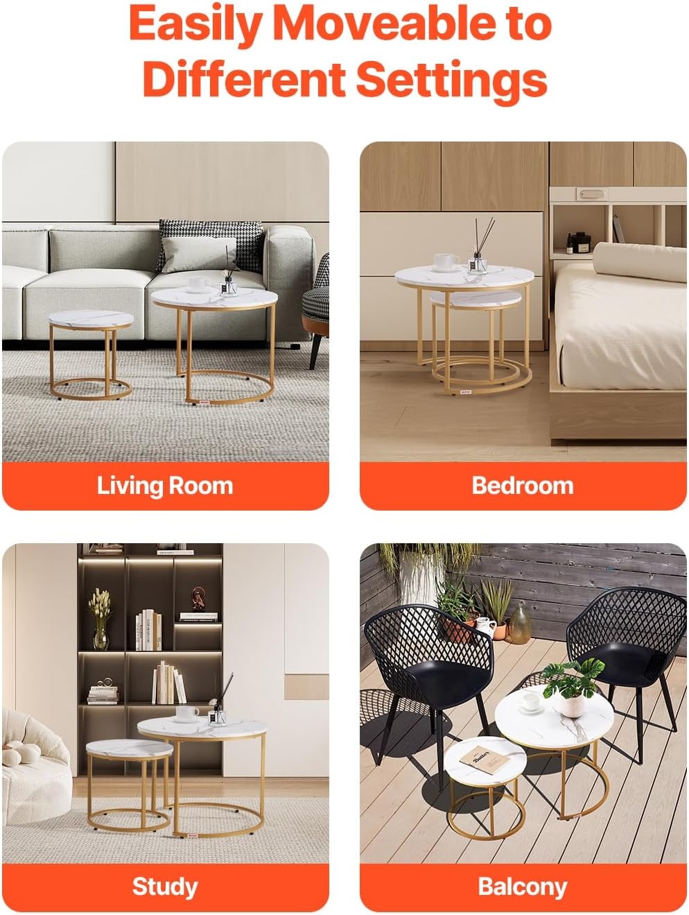 image:imageVEVOR Nesting Tables Coffee Table Set of 2 236 inch Round Coffee Table Small Coffee Tables Night Stand with Metal Frame for Living Room Bedroom Office Brown amp BlackWhite