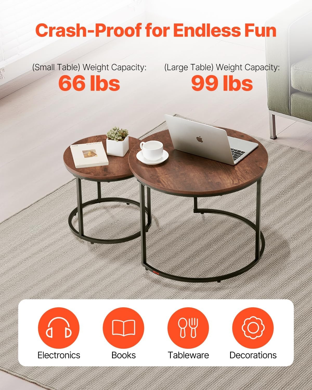 image:imageVEVOR Nesting Tables Coffee Table Set of 2 236 inch Round Coffee Table Small Coffee Tables Night Stand with Metal Frame for Living Room Bedroom Office Brown amp BlackBrown