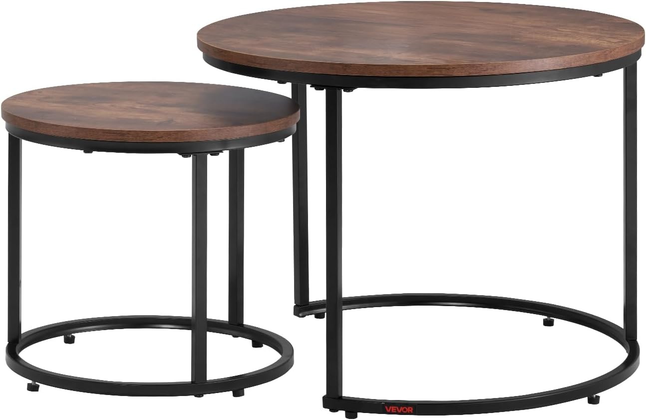 image:imageVEVOR Nesting Tables Coffee Table Set of 2 236 inch Round Coffee Table Small Coffee Tables Night Stand with Metal Frame for Living Room Bedroom Office Brown amp BlackBrown