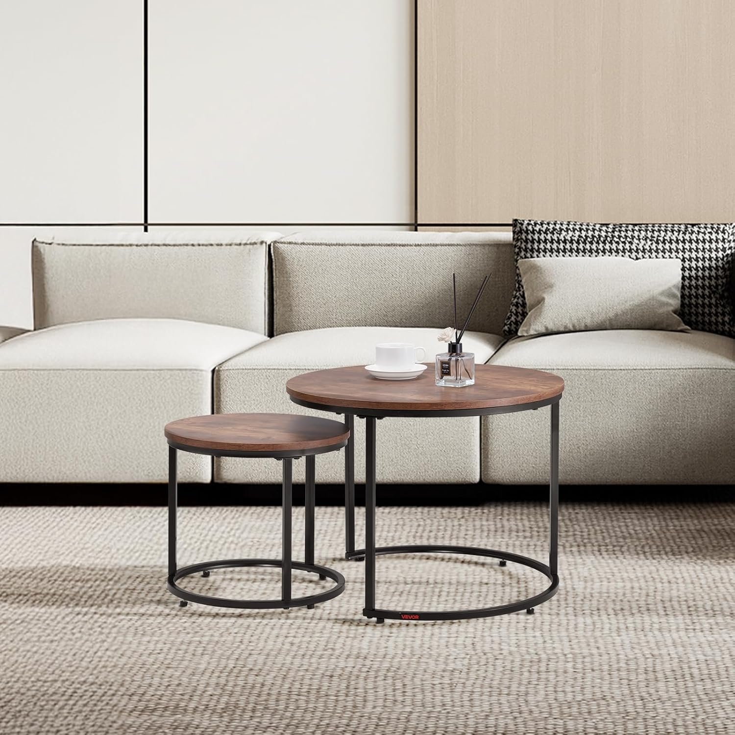 image:imageVEVOR Nesting Tables Coffee Table Set of 2 236 inch Round Coffee Table Small Coffee Tables Night Stand with Metal Frame for Living Room Bedroom Office Brown amp BlackBrown