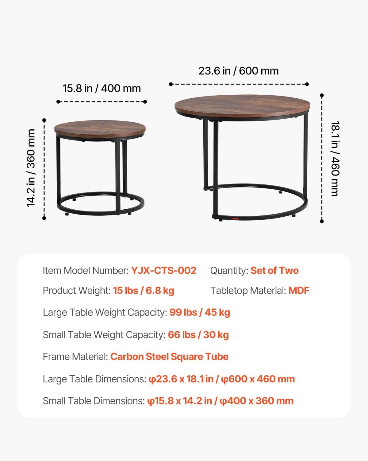 image:imageVEVOR Nesting Tables Coffee Table Set of 2 236 inch Round Coffee Table Small Coffee Tables Night Stand with Metal Frame for Living Room Bedroom Office Brown amp BlackBrown