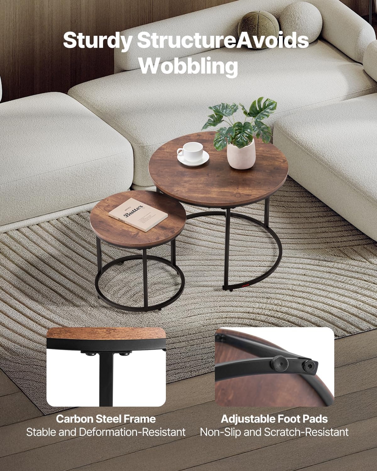 image:imageVEVOR Nesting Tables Coffee Table Set of 2 236 inch Round Coffee Table Small Coffee Tables Night Stand with Metal Frame for Living Room Bedroom Office Brown amp BlackBrown