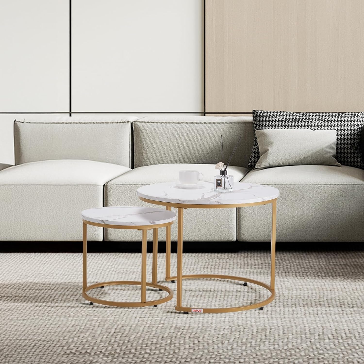 image:imageVEVOR Nesting Tables Coffee Table Set of 2 236 inch Round Coffee Table Small Coffee Tables Night Stand with Metal Frame for Living Room Bedroom Office Brown amp BlackWhite