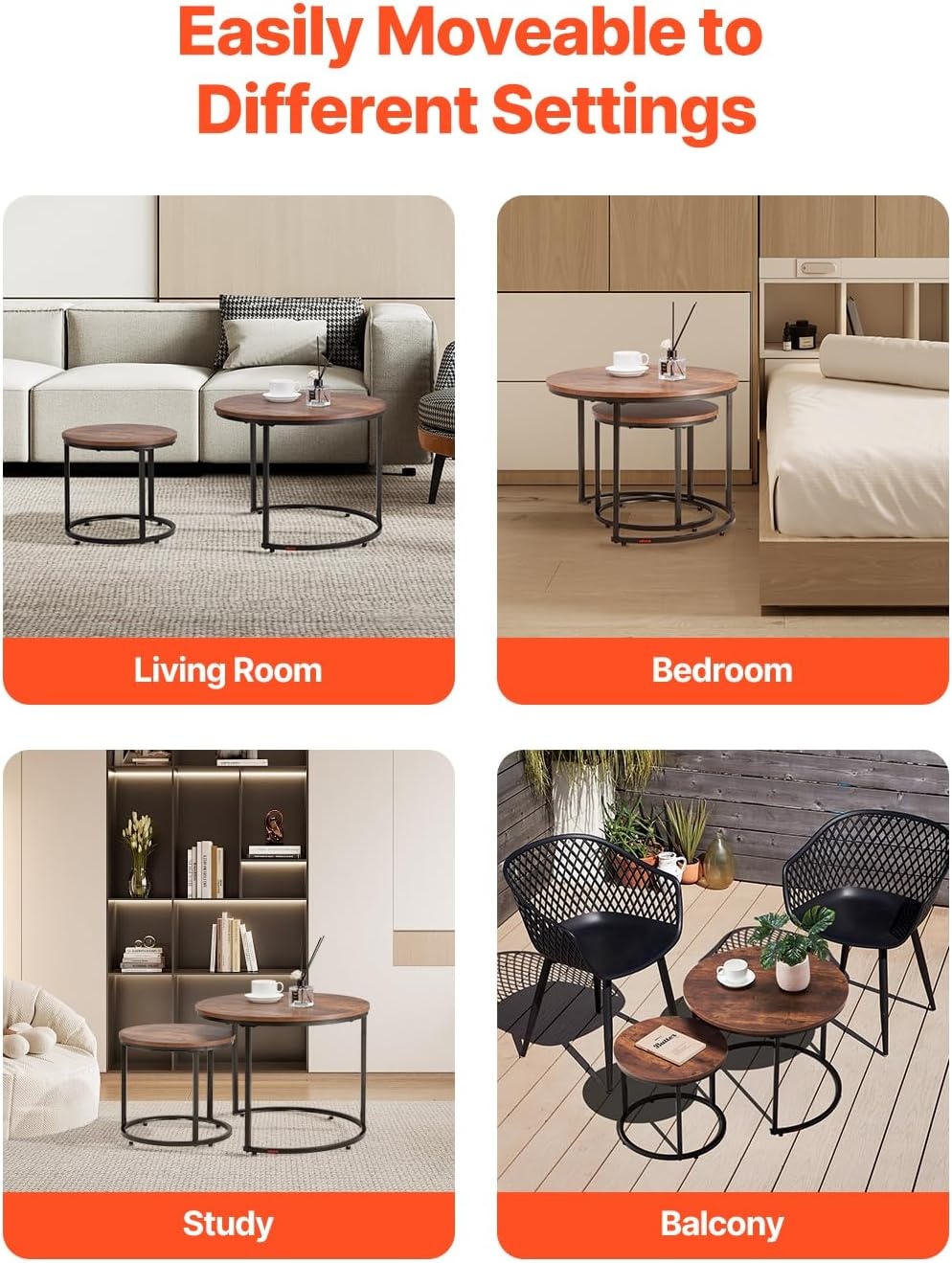 image:imageVEVOR Nesting Tables Coffee Table Set of 2 236 inch Round Coffee Table Small Coffee Tables Night Stand with Metal Frame for Living Room Bedroom Office Brown amp BlackBrown
