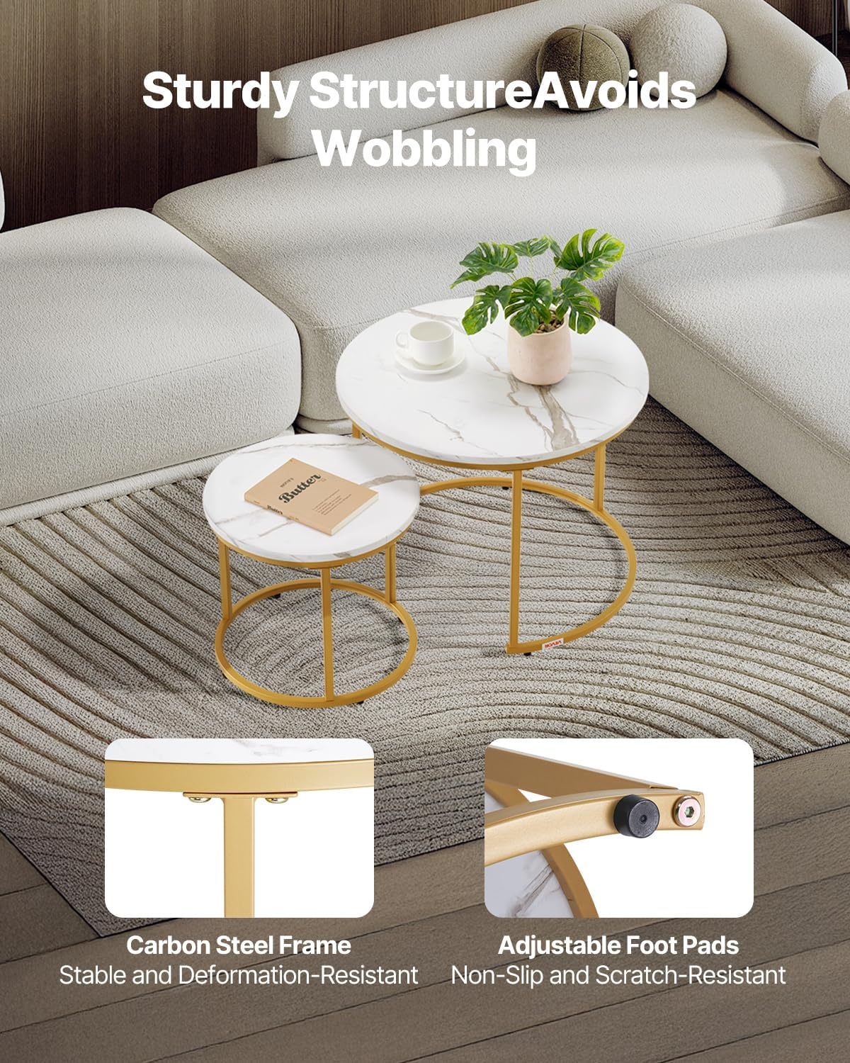 image:imageVEVOR Nesting Tables Coffee Table Set of 2 236 inch Round Coffee Table Small Coffee Tables Night Stand with Metal Frame for Living Room Bedroom Office Brown amp BlackWhite