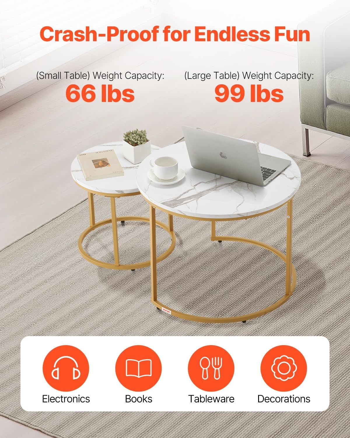 image:imageVEVOR Nesting Tables Coffee Table Set of 2 236 inch Round Coffee Table Small Coffee Tables Night Stand with Metal Frame for Living Room Bedroom Office Brown amp BlackWhite