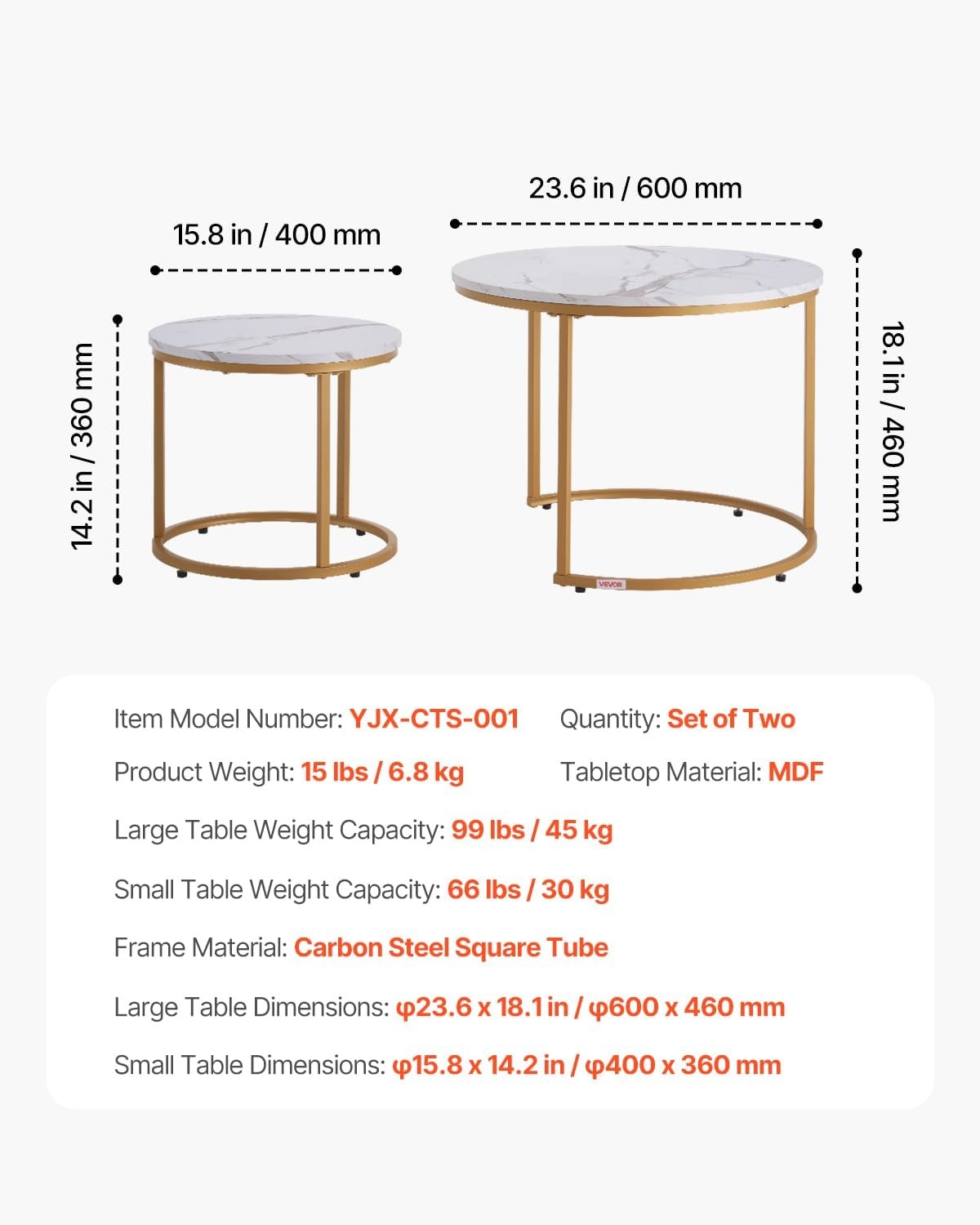image:imageVEVOR Nesting Tables Coffee Table Set of 2 236 inch Round Coffee Table Small Coffee Tables Night Stand with Metal Frame for Living Room Bedroom Office Brown amp BlackWhite