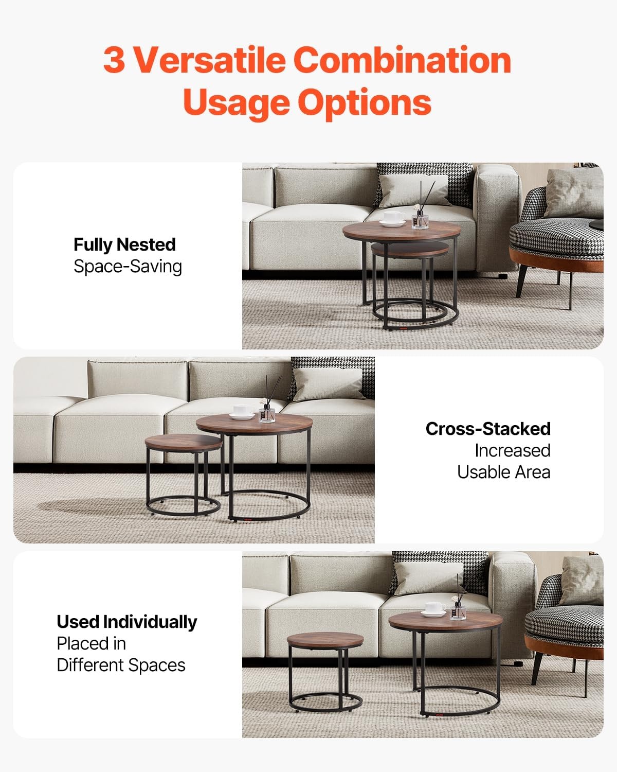 image:imageVEVOR Nesting Tables Coffee Table Set of 2 236 inch Round Coffee Table Small Coffee Tables Night Stand with Metal Frame for Living Room Bedroom Office Brown amp BlackBrown