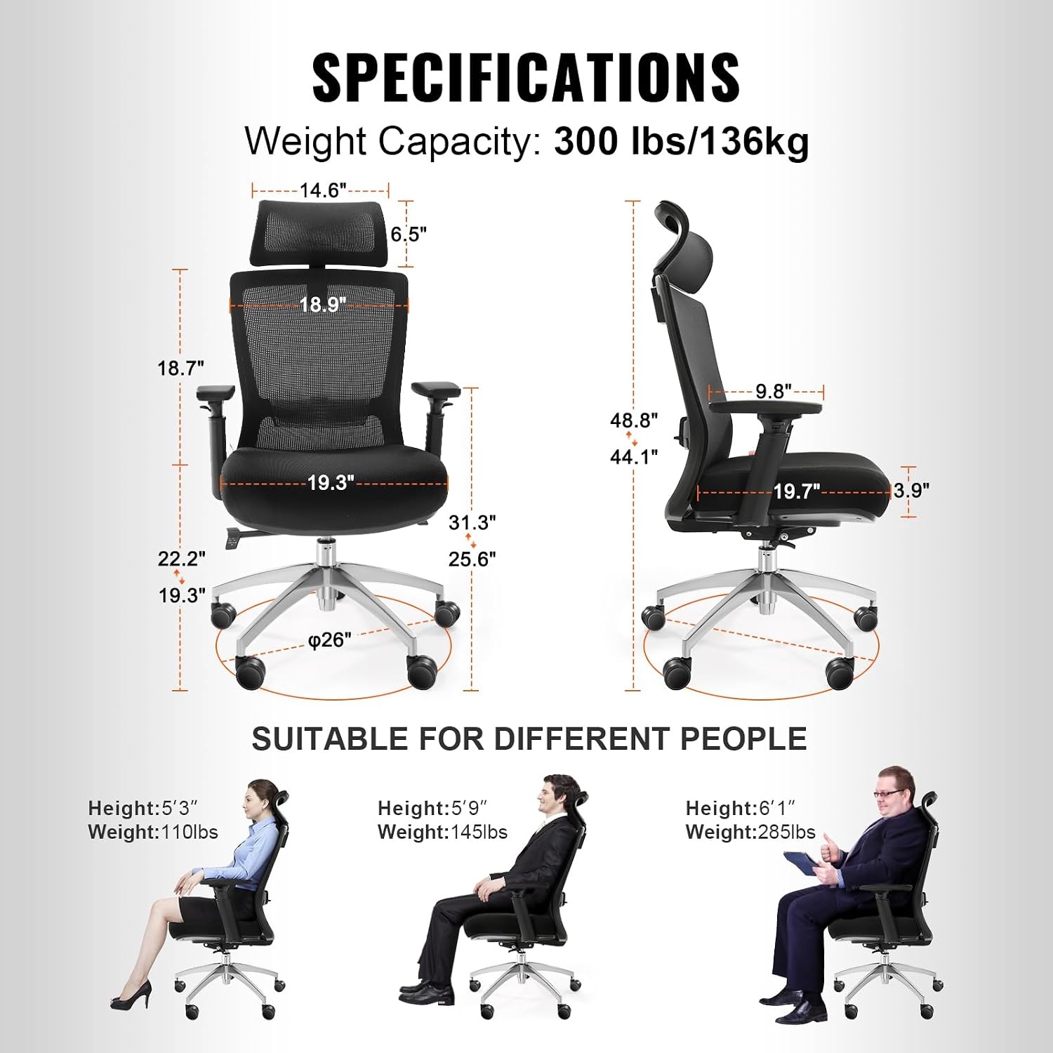image:imageVEVOR Office Chair with Adjustable Seat Depth Ergonomic Desk Chair with Adaptive Backrest Lumbar Support Adjustable Headrest and Armrests Swivel Computer Task Chair for Home Office Black