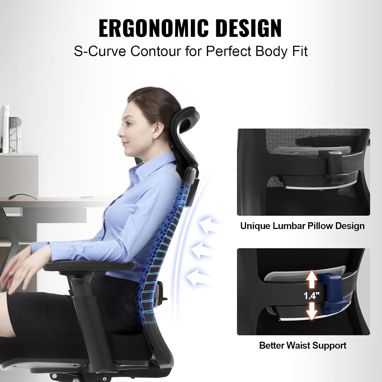 image:imageVEVOR Office Chair with Adjustable Seat Depth Ergonomic Desk Chair with Adaptive Backrest Lumbar Support Adjustable Headrest and Armrests Swivel Computer Task Chair for Home Office Black