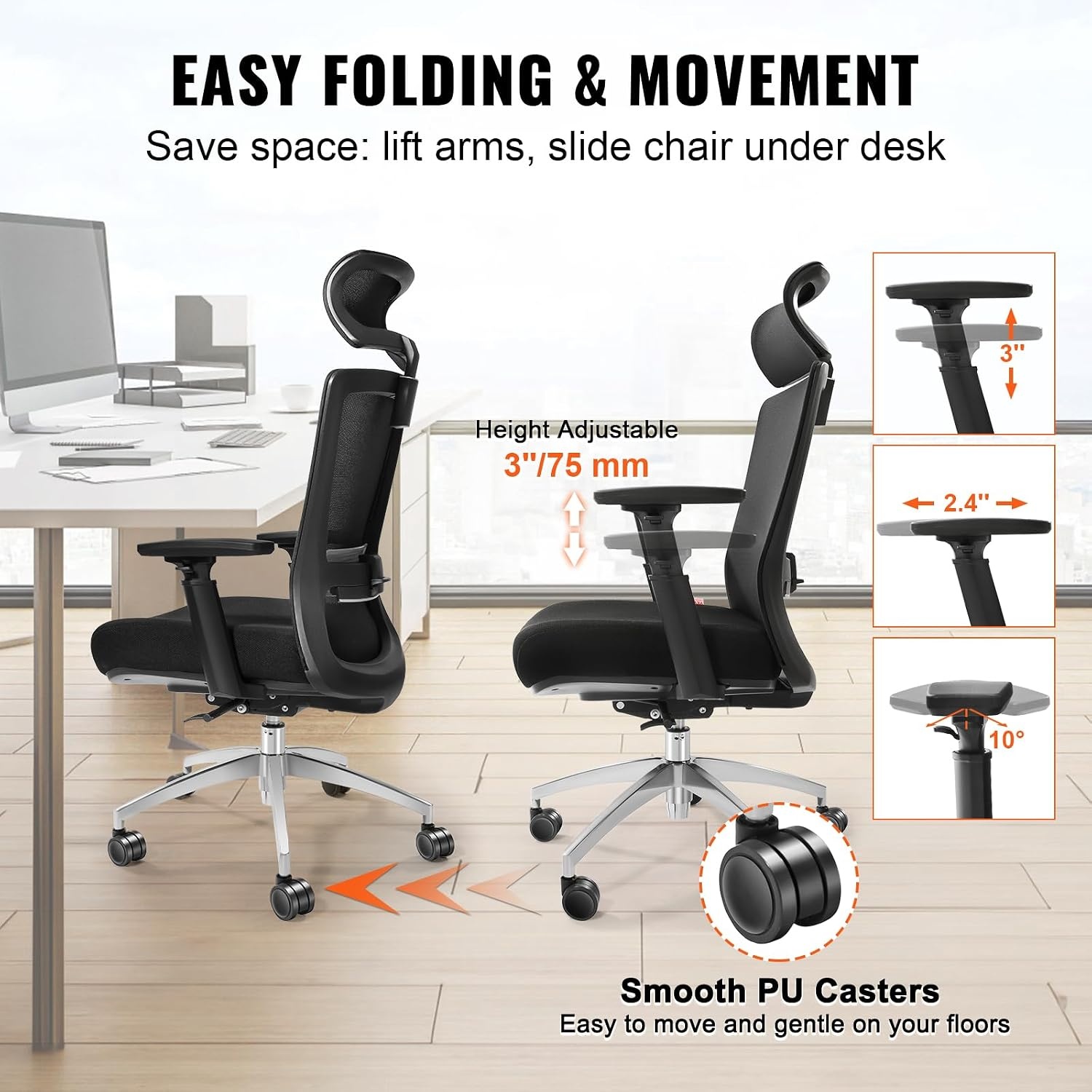 image:imageVEVOR Office Chair with Adjustable Seat Depth Ergonomic Desk Chair with Adaptive Backrest Lumbar Support Adjustable Headrest and Armrests Swivel Computer Task Chair for Home Office Black